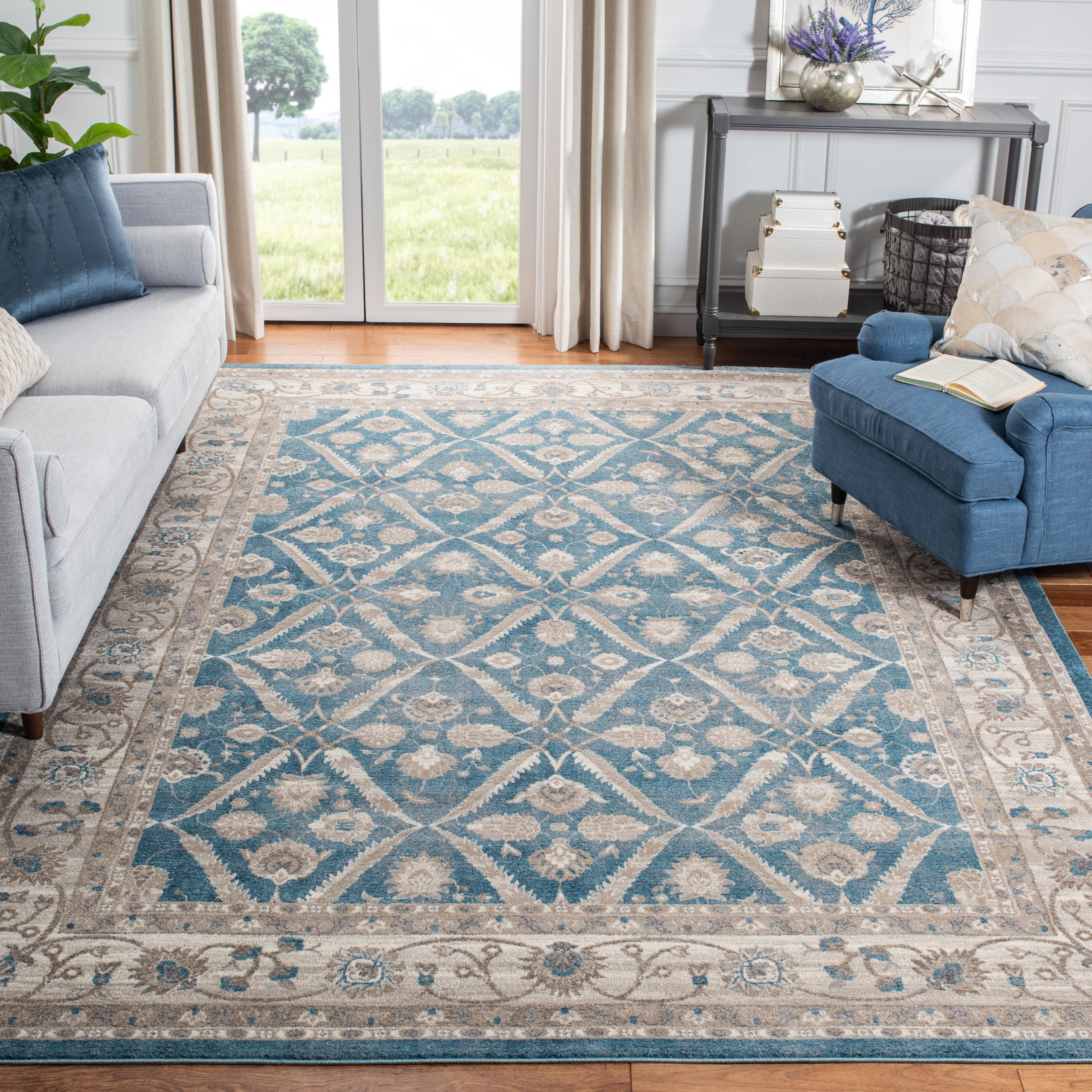 SAFAVIEH Sofia Collection Area Rug - 8 x 10, Blue & Beige, Vintage Oriental Distressed Design, Non-Shedding & Easy Care, Ideal