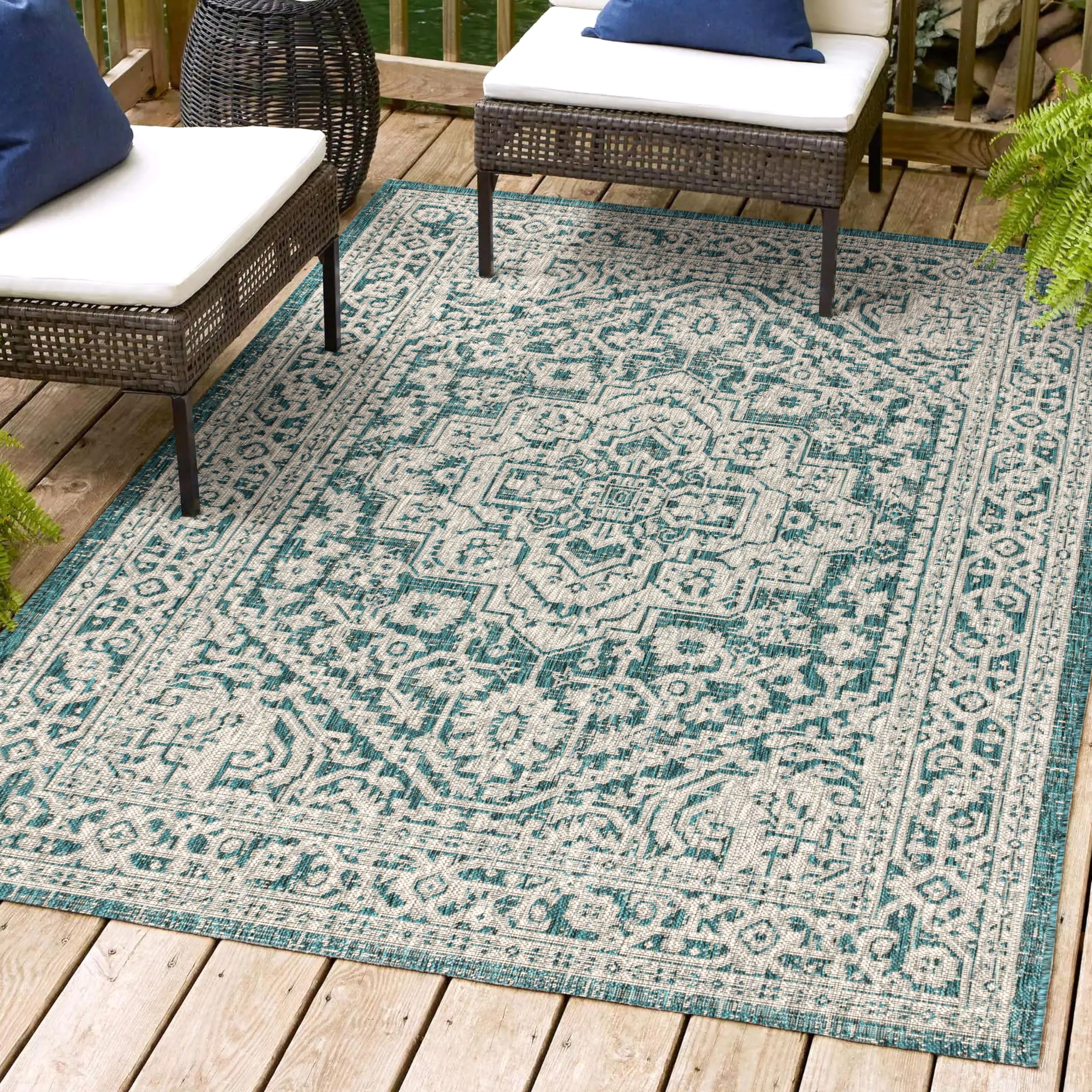 Jonathan Y Smb101C-3 Sinjuri Medallion Textured Weave Indoor/Outdoor Teal Blue/Gray 3 Ft. X 5 Ft. Area-Rug, Coastal,Easy-Cleaning,Hightraffic,Livingroom,Backyard, Non Shedding