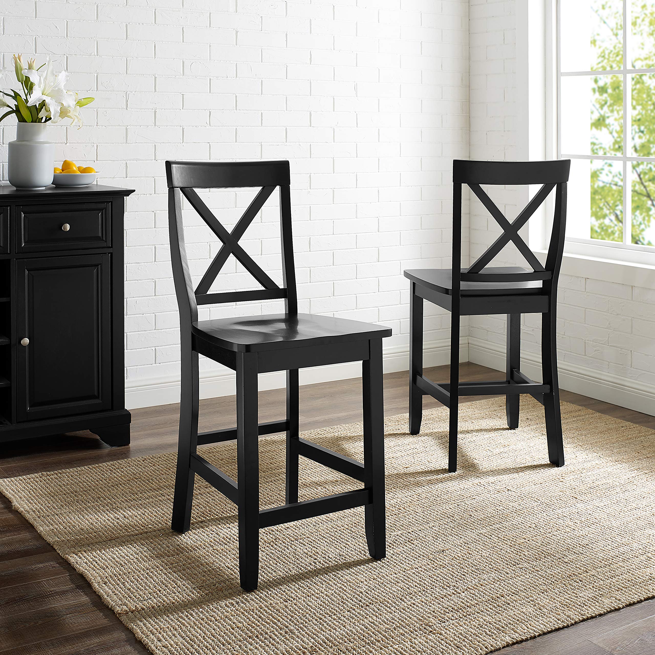 Crosley Furniture X-Back Wood Counter Height Bar Stools Set of 2, Black, 24-inch