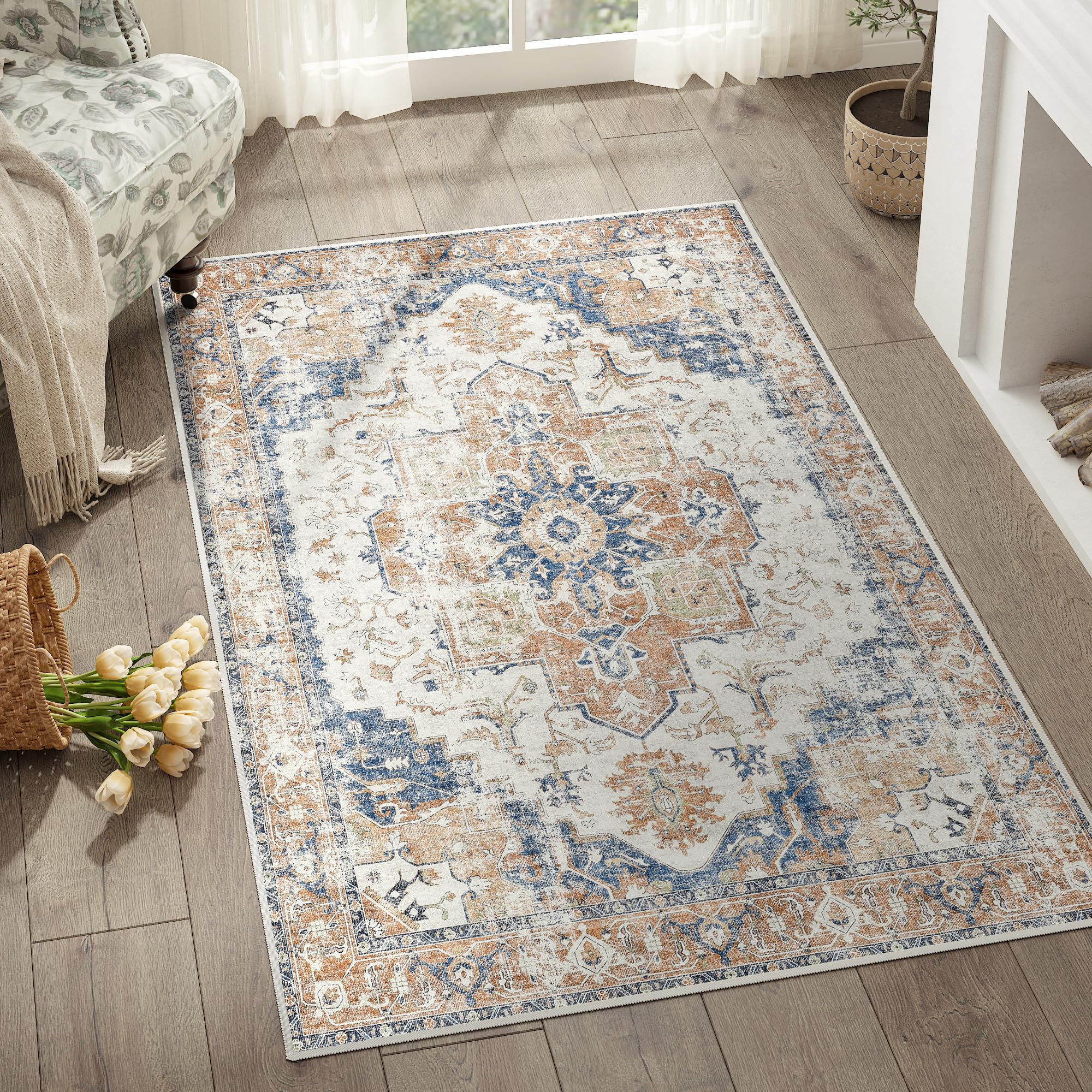 jinchan Area Rug 3x5 Washable Rug Vintage Rug Indoor Floor Distressed Carpet Orange Multi Thin Rug Chenille Mat Accent Rug Light