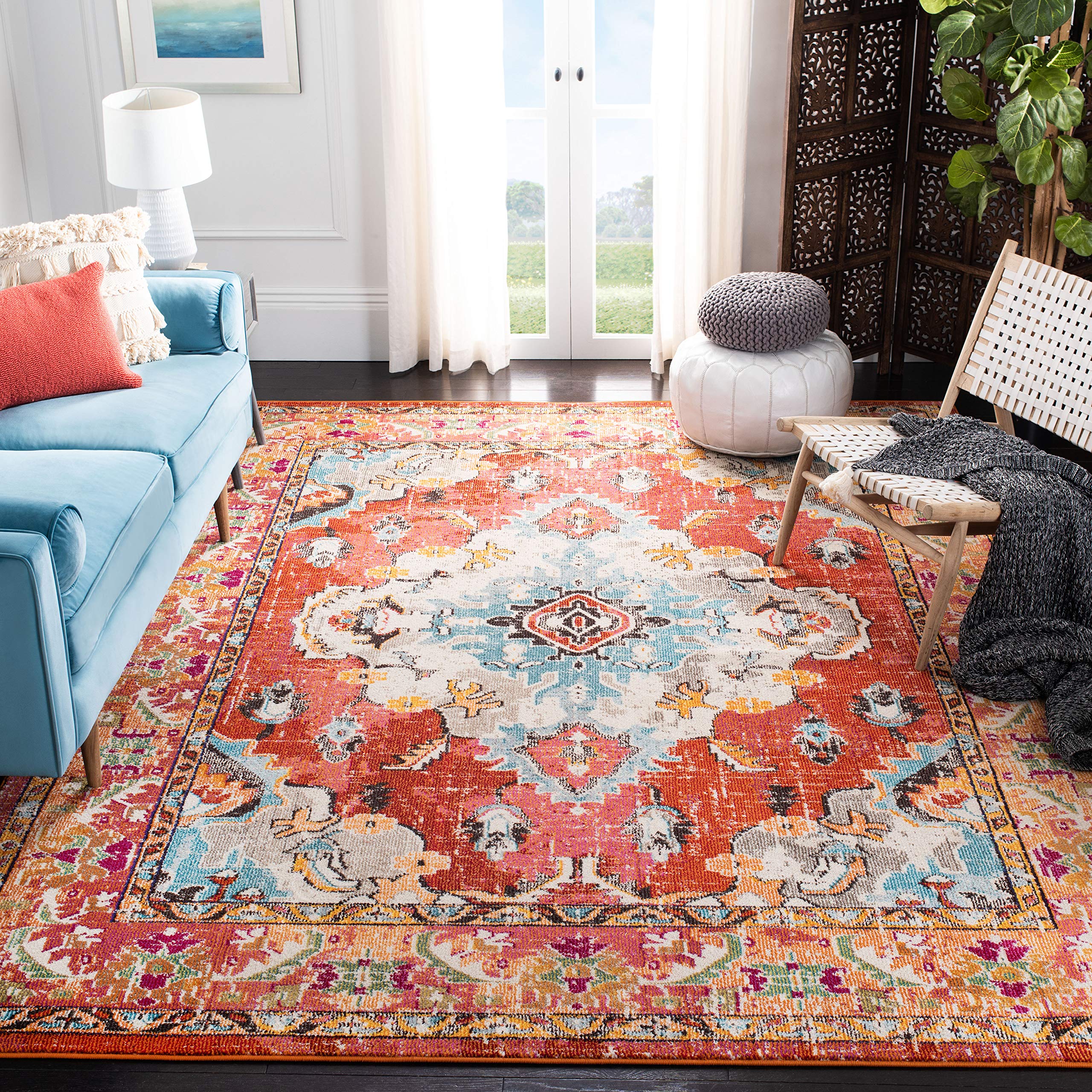 SAFAVIEH Monaco Collection Area Rug - 9 x 12, Orange & Light Blue, Boho Chic Medallion Distressed Design, Non-Shedding & Easy 