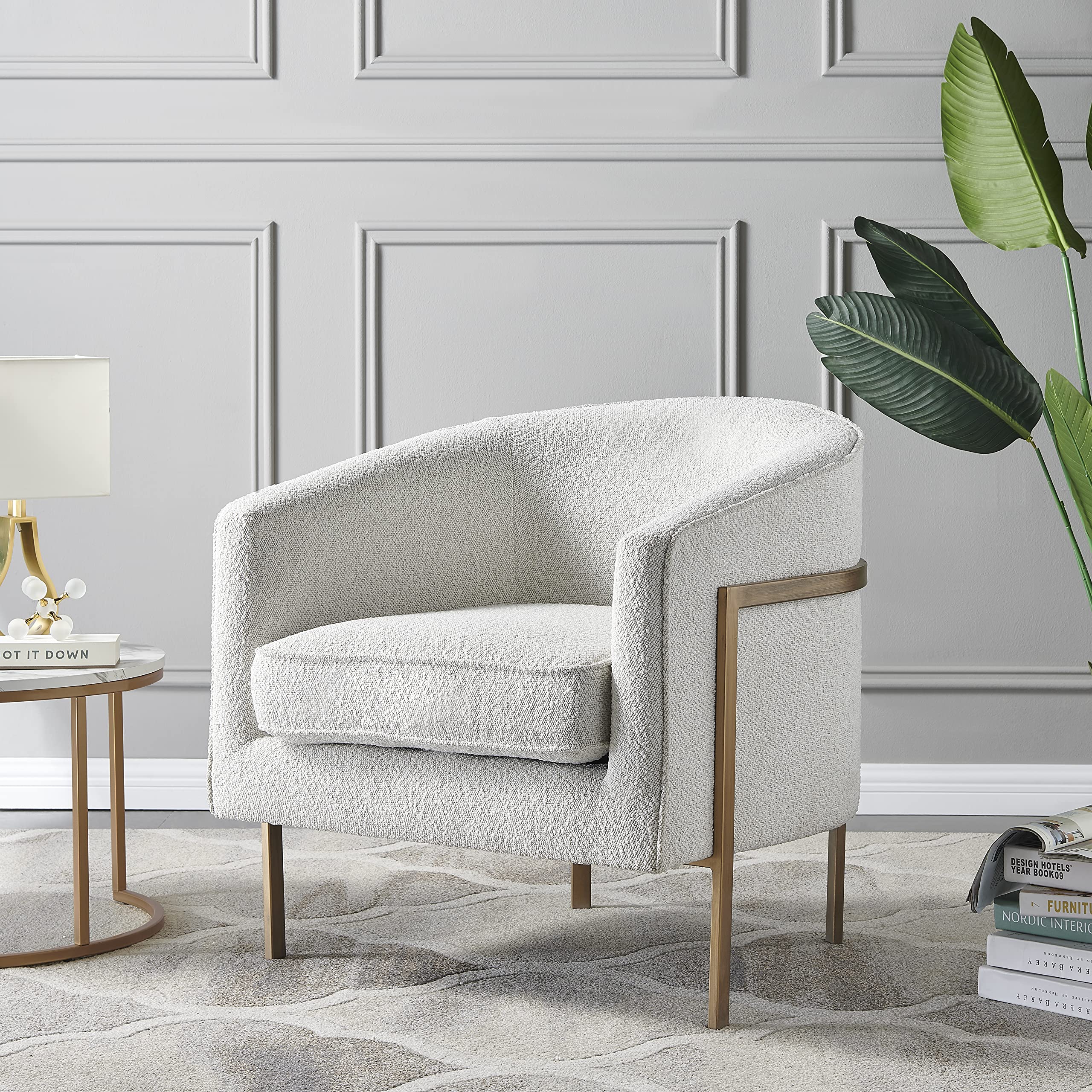 Npd Furniture And More Harrod Fabric Arm Antique Gold Legs Accent Chair, Beige