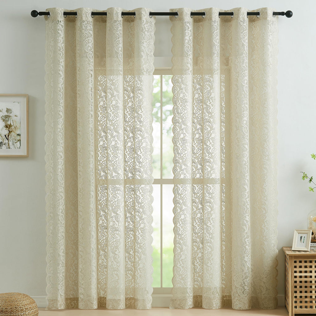 Bujasso Beige Sheer Lace Curtains 63 Inch Vintage Floral Sheer Window Curtain Panels For Living Room Bedroom Elegant Light Filte