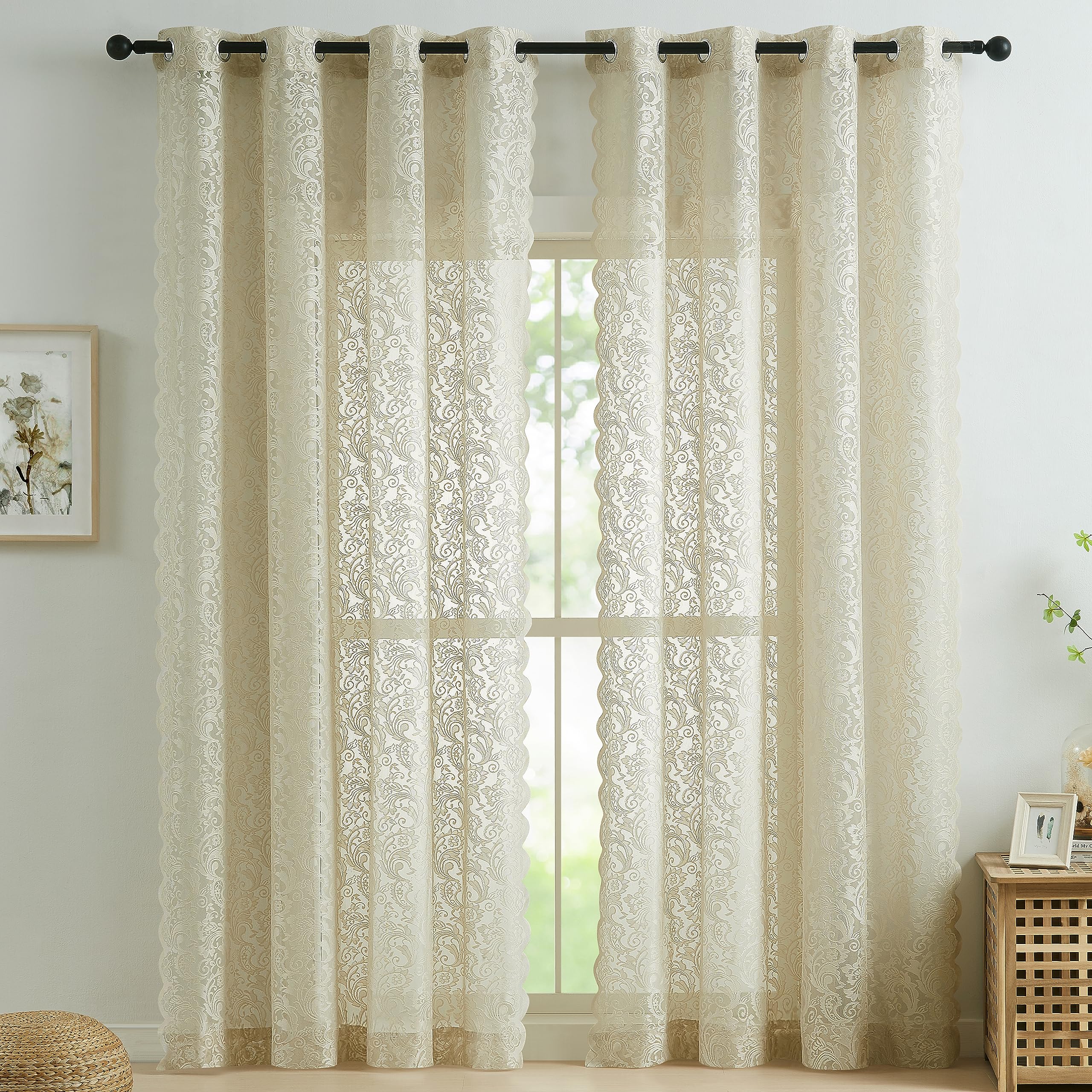 Bujasso Beige Sheer Lace Curtains 63 Inch Vintage Floral Sheer Window Curtain Panels For Living Room Bedroom Elegant Light Filte