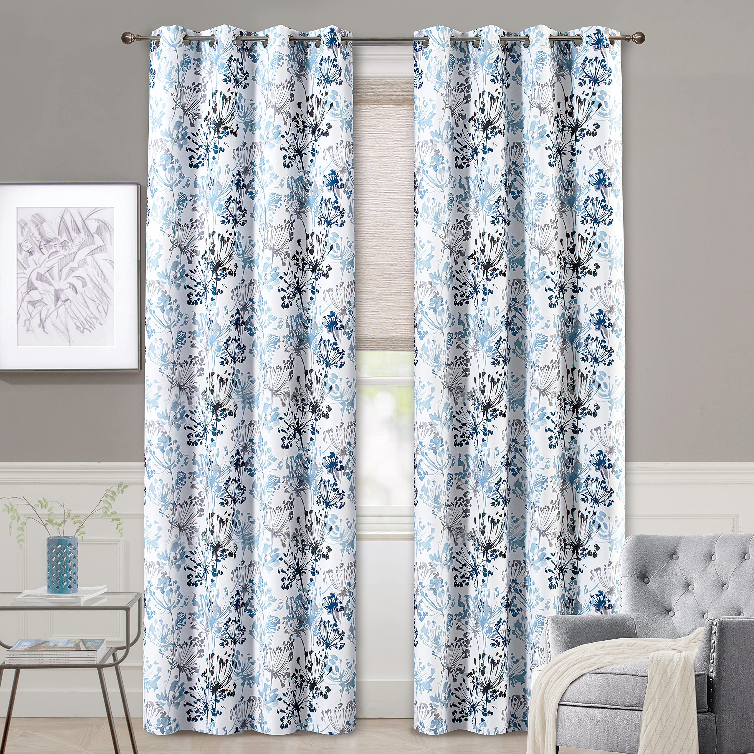 Driftaway Full Blackout Blue And White Curtains For Living Room Bedroom Kitchen 108 Inches Long Window Drapes Botanical Blossom
