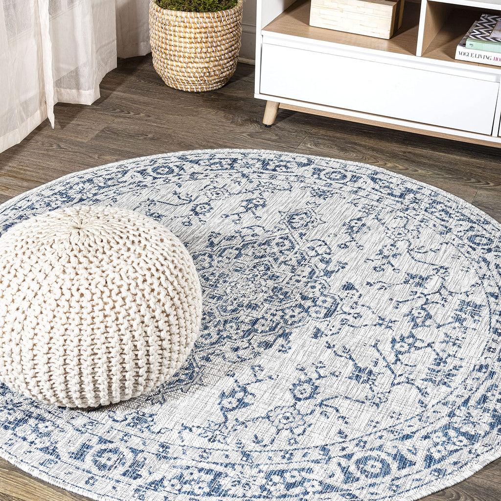 Jonathan Y Smb102B-5R Rozetta Boho Medallion Textured Weave Indoor Outdoor -Area Rug Coastal Bohemian Rustic Glam Easy-Cleaning Bedroom Kitchen Backyard Patio Non Shedding, 5' Round, Gray/Navy