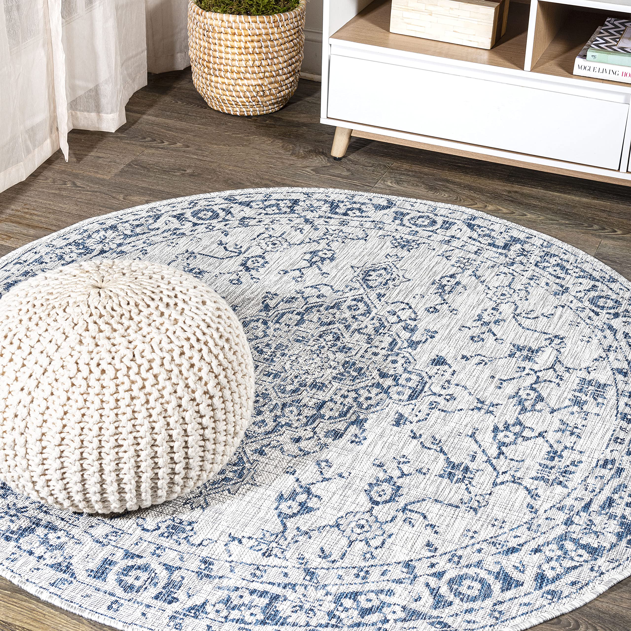 Jonathan Y Smb102B-5R Rozetta Boho Medallion Textured Weave Indoor Outdoor -Area Rug Coastal Bohemian Rustic Glam Easy-Cleaning Bedroom Kitchen Backyard Patio Non Shedding, 5' Round, Gray/Navy