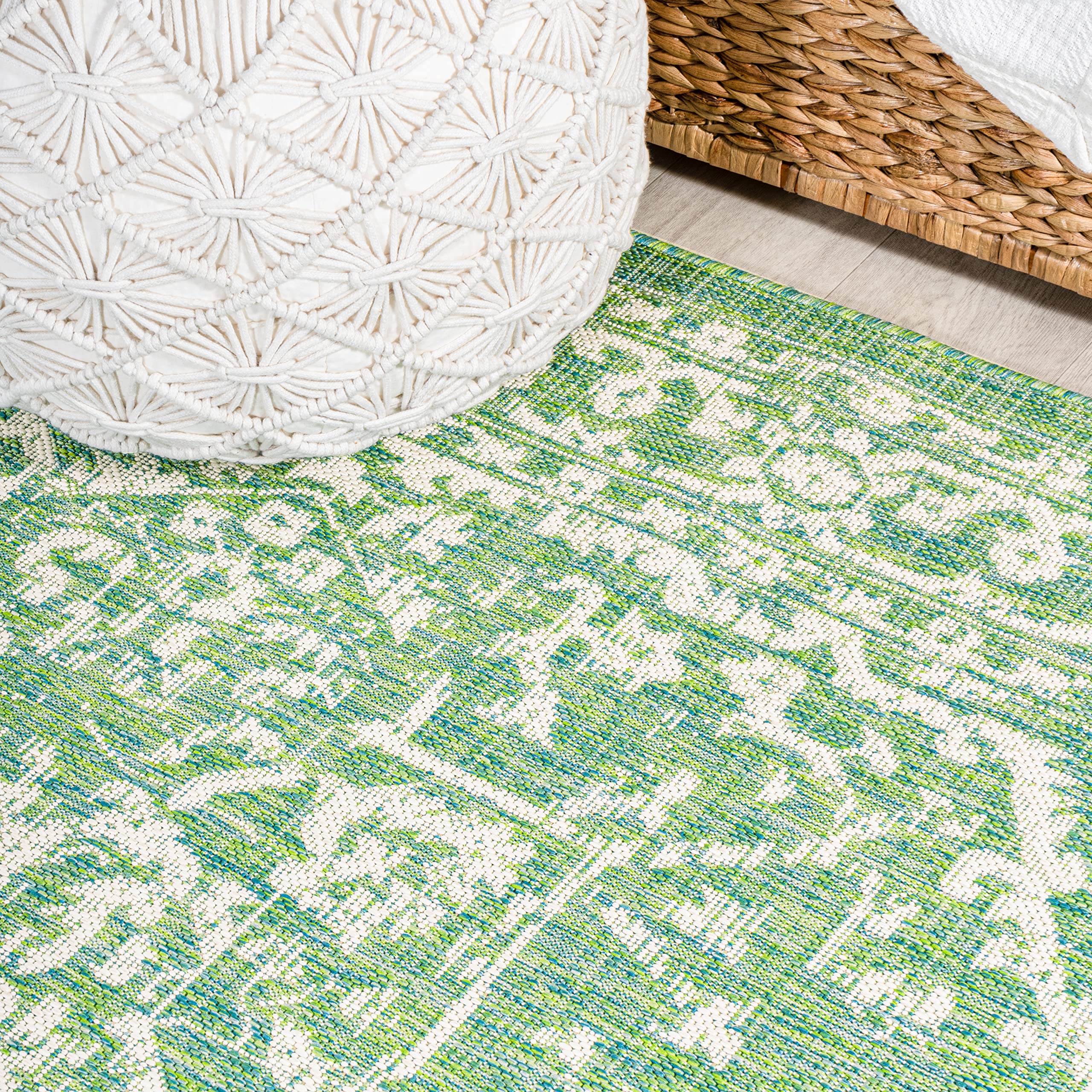Jonathan Y Smb104F-5R Malta Bohemian Medallion Textured Weave Indoor Outdoor Area-Rug, Coastal, Vintage, Rustic Easy-Cleaning,Bedroom,Kitchen,Backyard,Patio,Non Shedding, Cream/Green, 5' Round