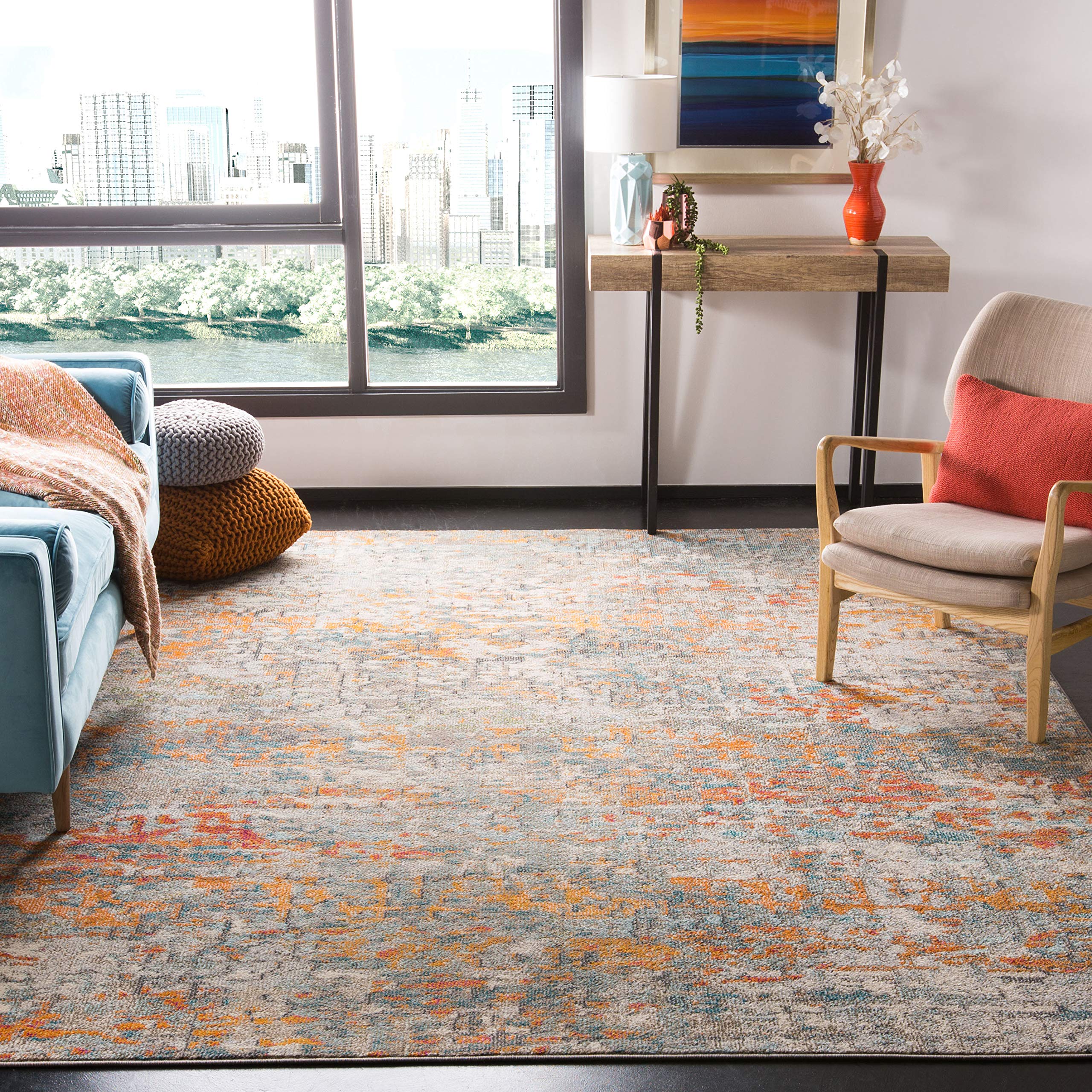SAFAVIEH Madison Collection 8 Square Grey/Orange MAD460F Modern Abstract Non-Shedding Living Room Bedroom Area Rug