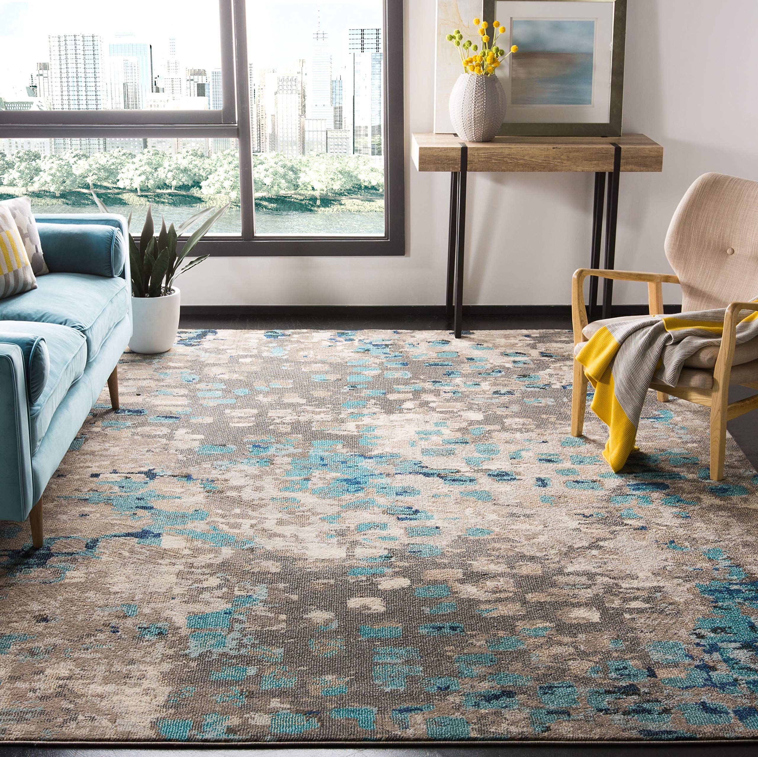SAFAVIEH Monaco Collection Area Rug - 10 x 14, Grey & Light Blue, Boho Chic Abstract Watercolor Design, Non-Shedding & Easy Ca