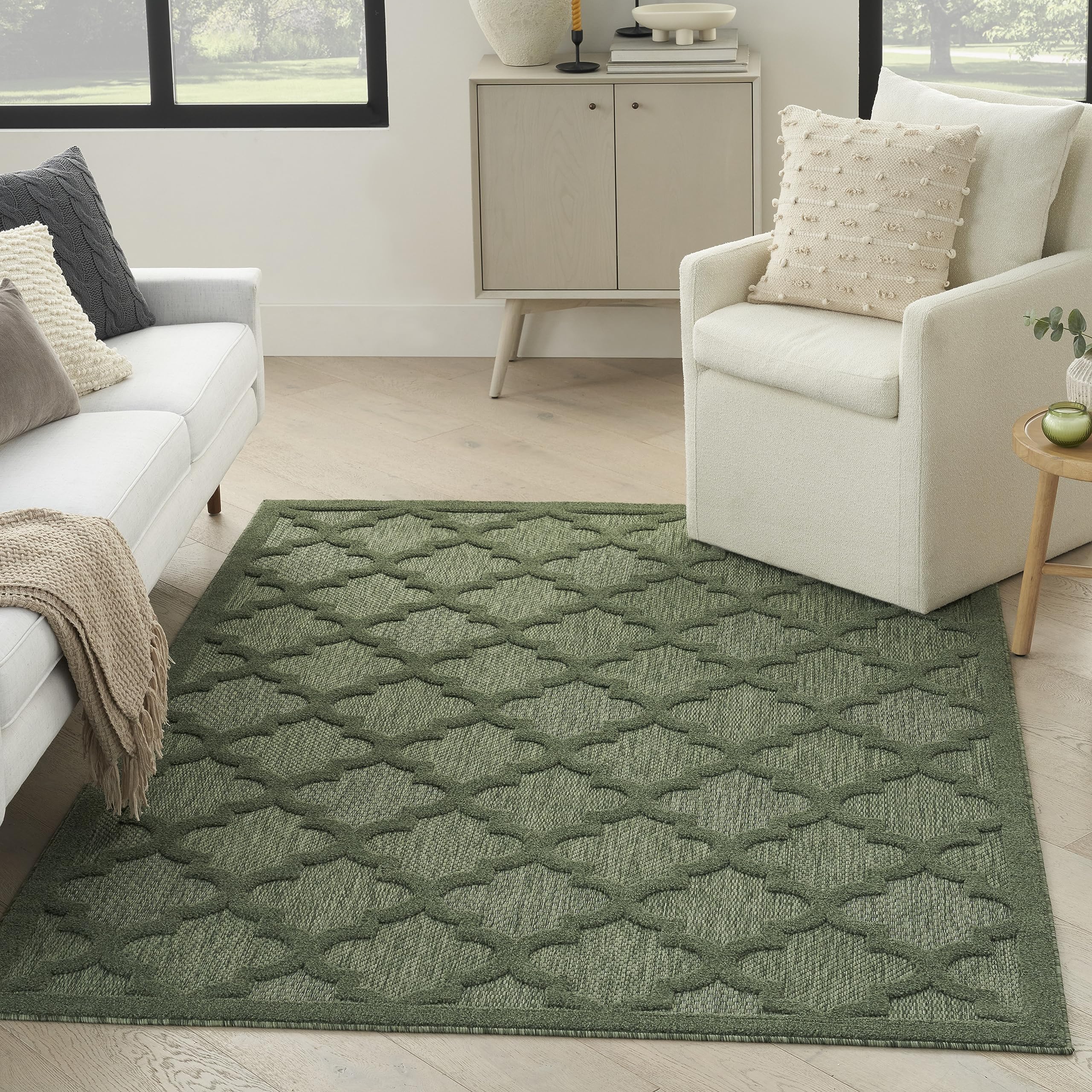 Nourison Easy Care Indoor/Outdoor Green 4' X 6' Area Rug, Easy Cleaning, Non Shedding, Bed Room, Living Room, Dining Room, Backyard, Deck, Patio (4X6)