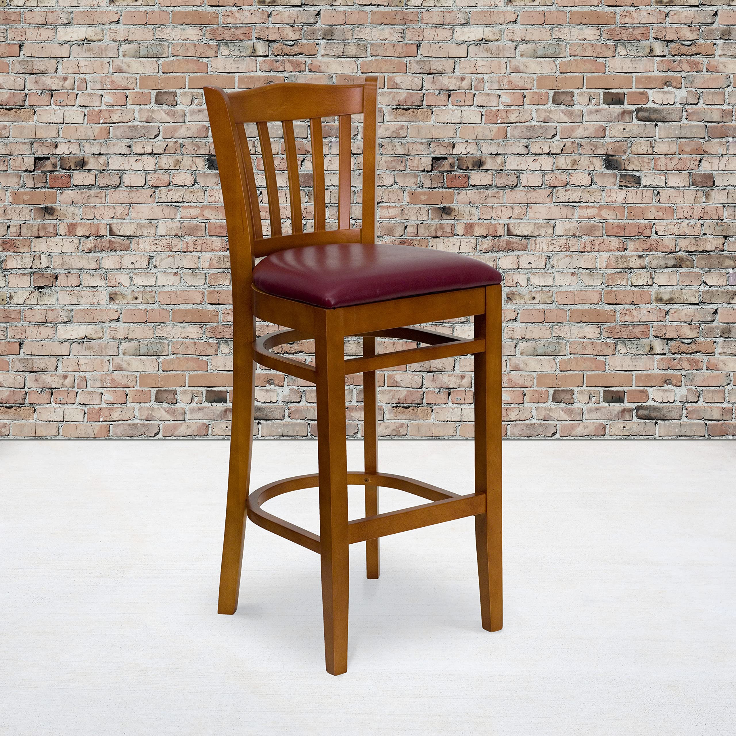 Flash Furniture HERCULES Series Vertical Slat Back Cherry Wood Restaurant Barstool - Burgundy Vinyl Seat