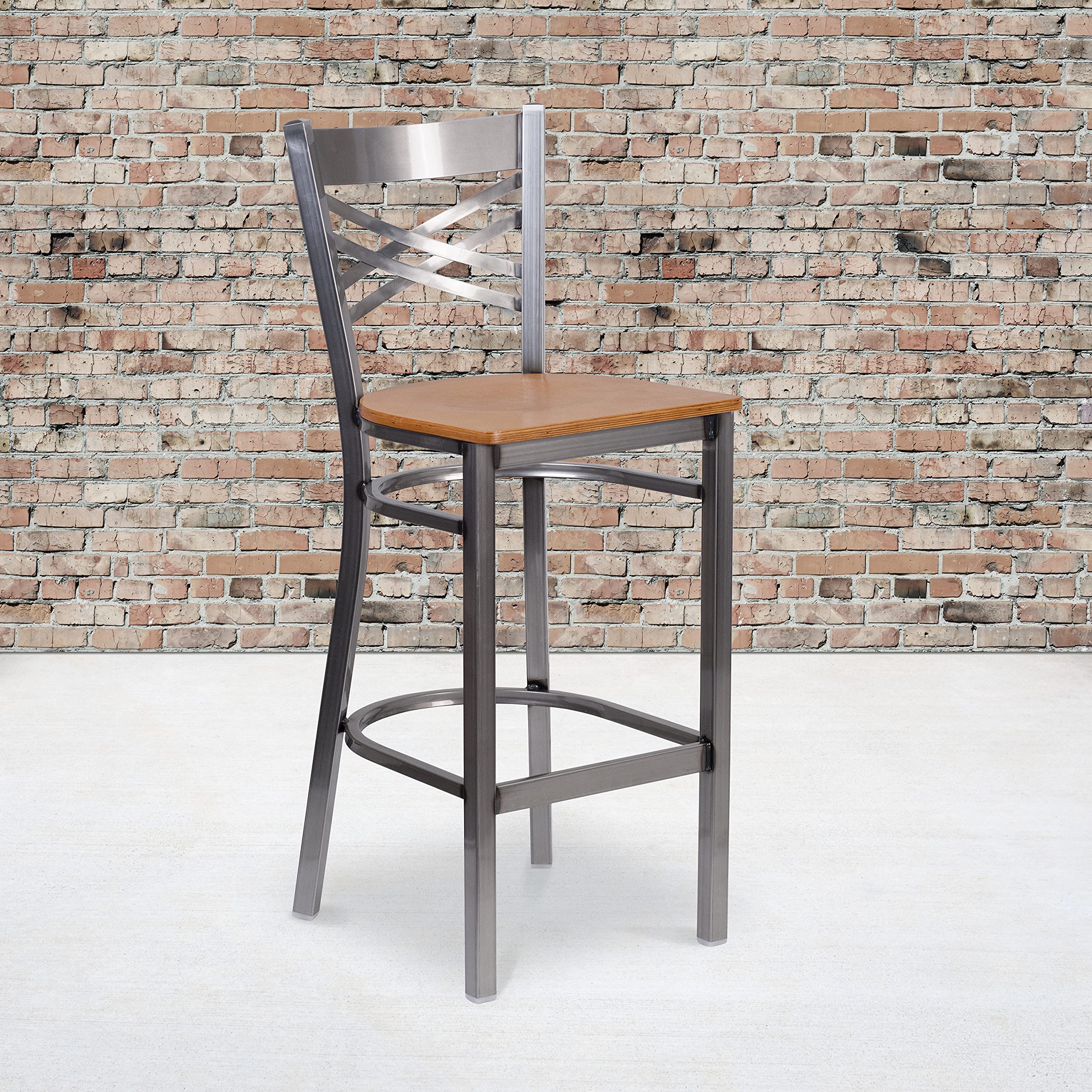 Flash Furniture Hercules Series Clear Coated ''X'' Back Metal Restaurant Barstool - Natural Wood Seat