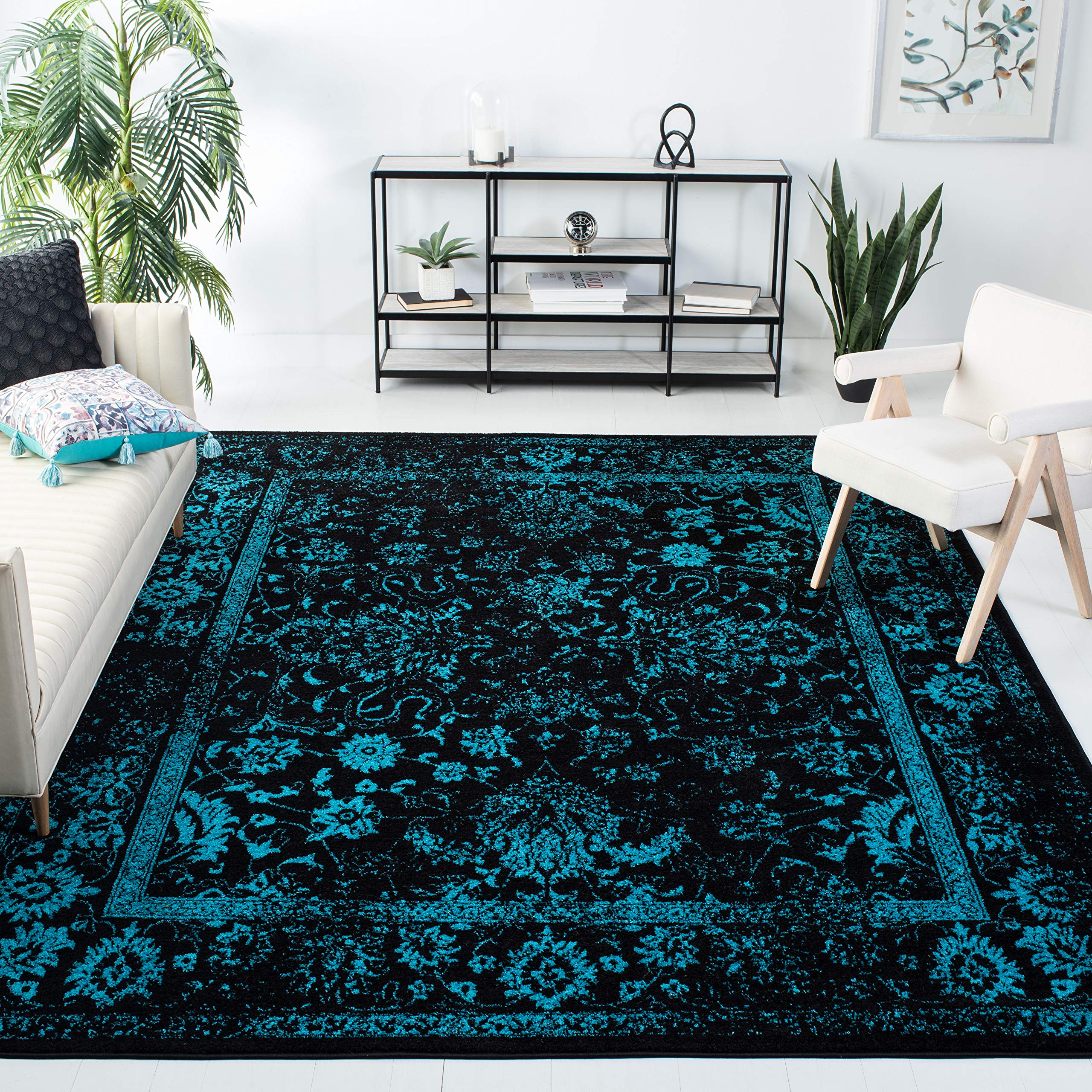 SAFAVIEH Adirondack Collection Area Rug - 8 Square, Black & Teal, Oriental Distressed Design, Non-Shedding & Easy Care, Ideal f