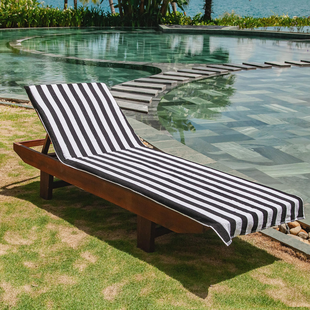 Arkwright California Chaise Lounge Cover - Pack Of 2 - Striped Soft Cotton Cabana Towel With Pocket Holder For Beach Pool Outdoor Chair, 30 X 85 In., Black