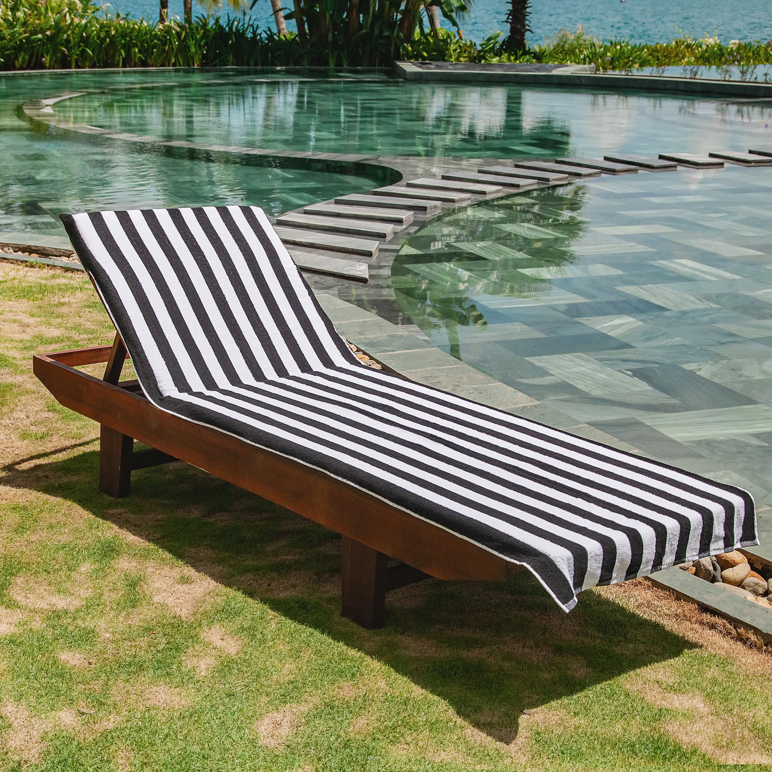 Arkwright California Chaise Lounge Cover - Pack Of 2 - Striped Soft Cotton Cabana Towel With Pocket Holder For Beach Pool Outdoor Chair, 30 X 85 In., Black