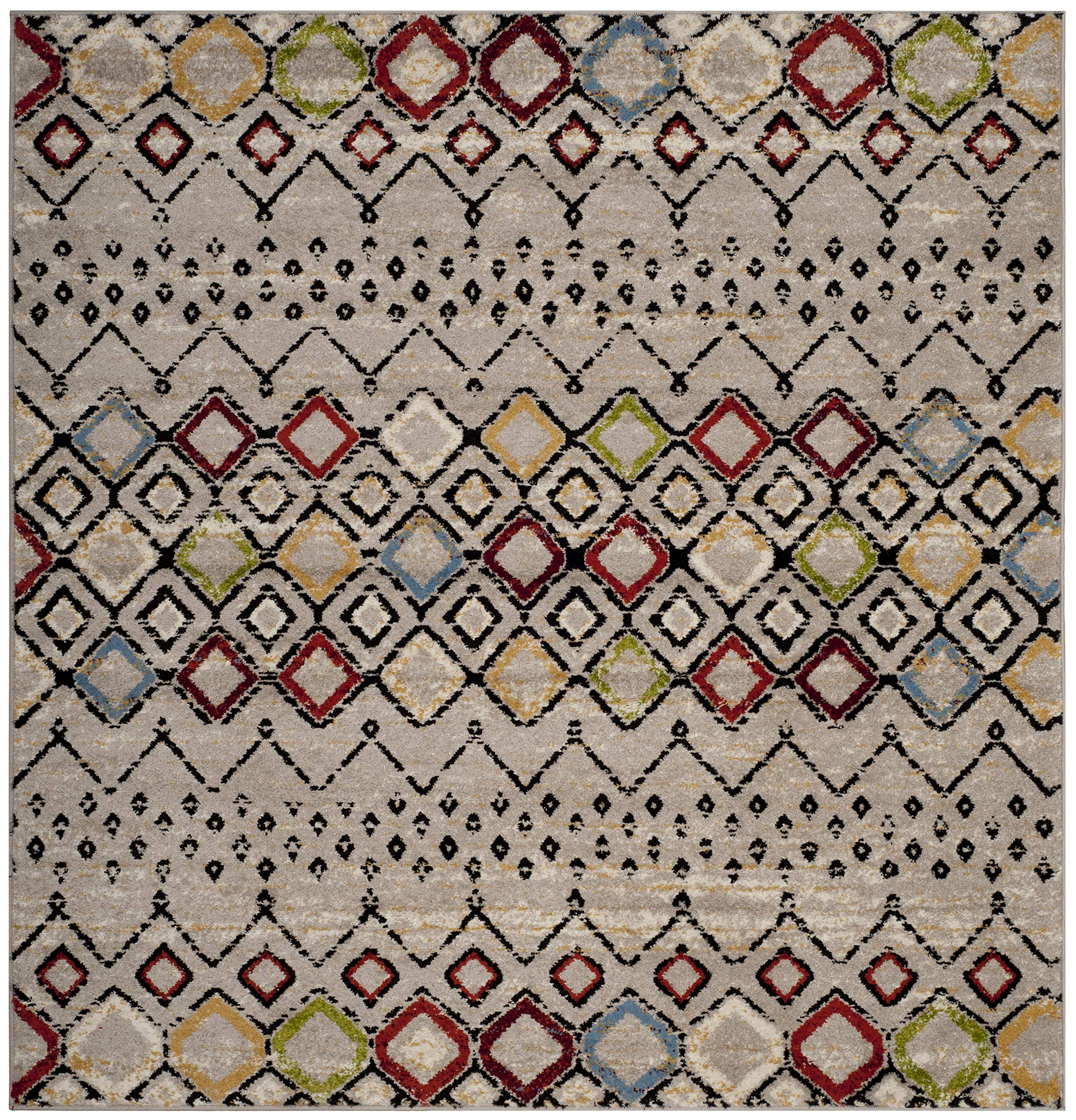 Safavieh Amsterdam Collection 6'7'' Square Light Grey/Multi Ams108G Moroccan Boho Non-Shedding Living Room Bedroom Area Rug