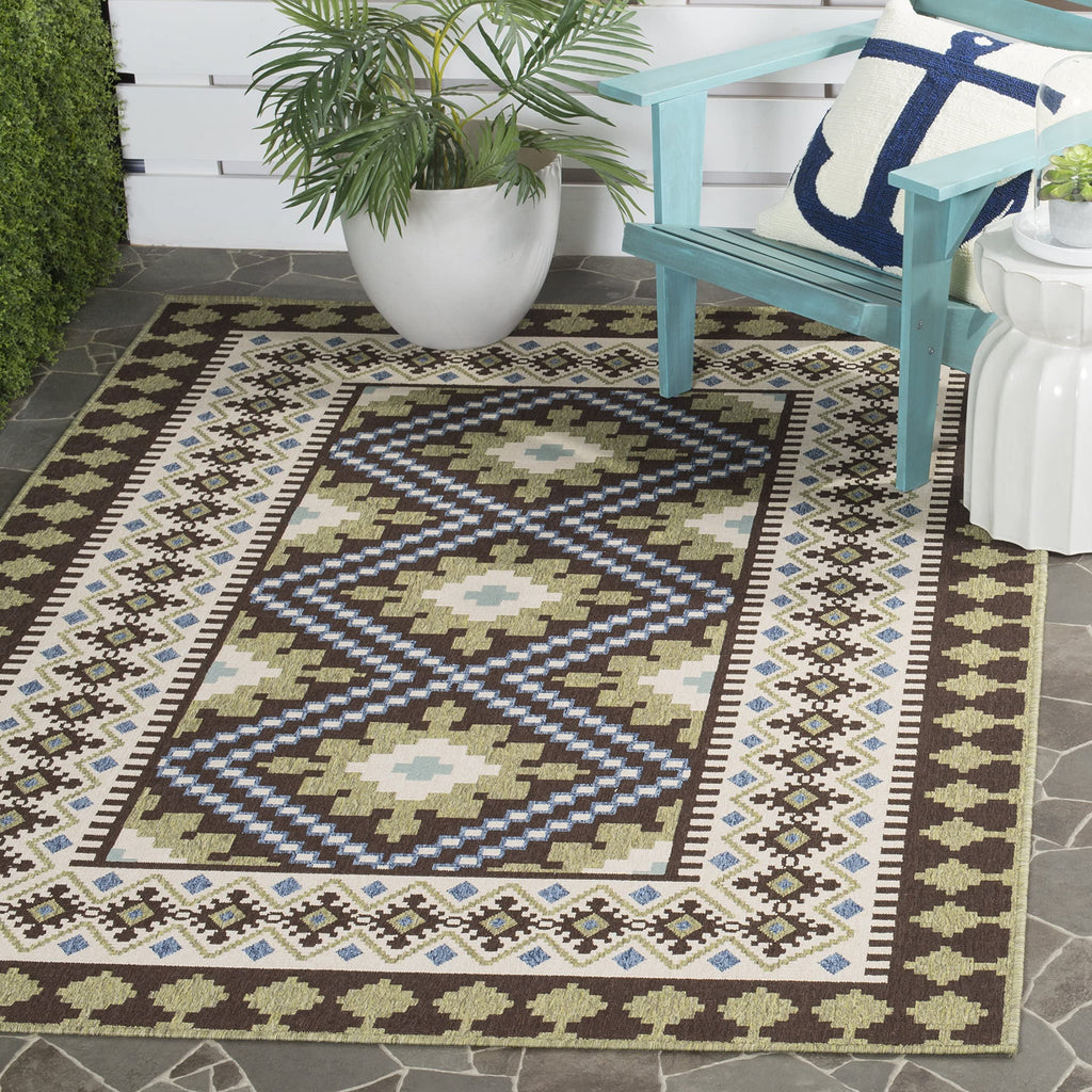 Safavieh Veranda Collection Area Rug - 6'7' X 9'6', Chocolate & Green, Boho Design, Non-Shedding & Easy Care, Indoor/Outdoor & Washable-Ideal For Patio, Backyard, Mudroom (Ver099-0624)