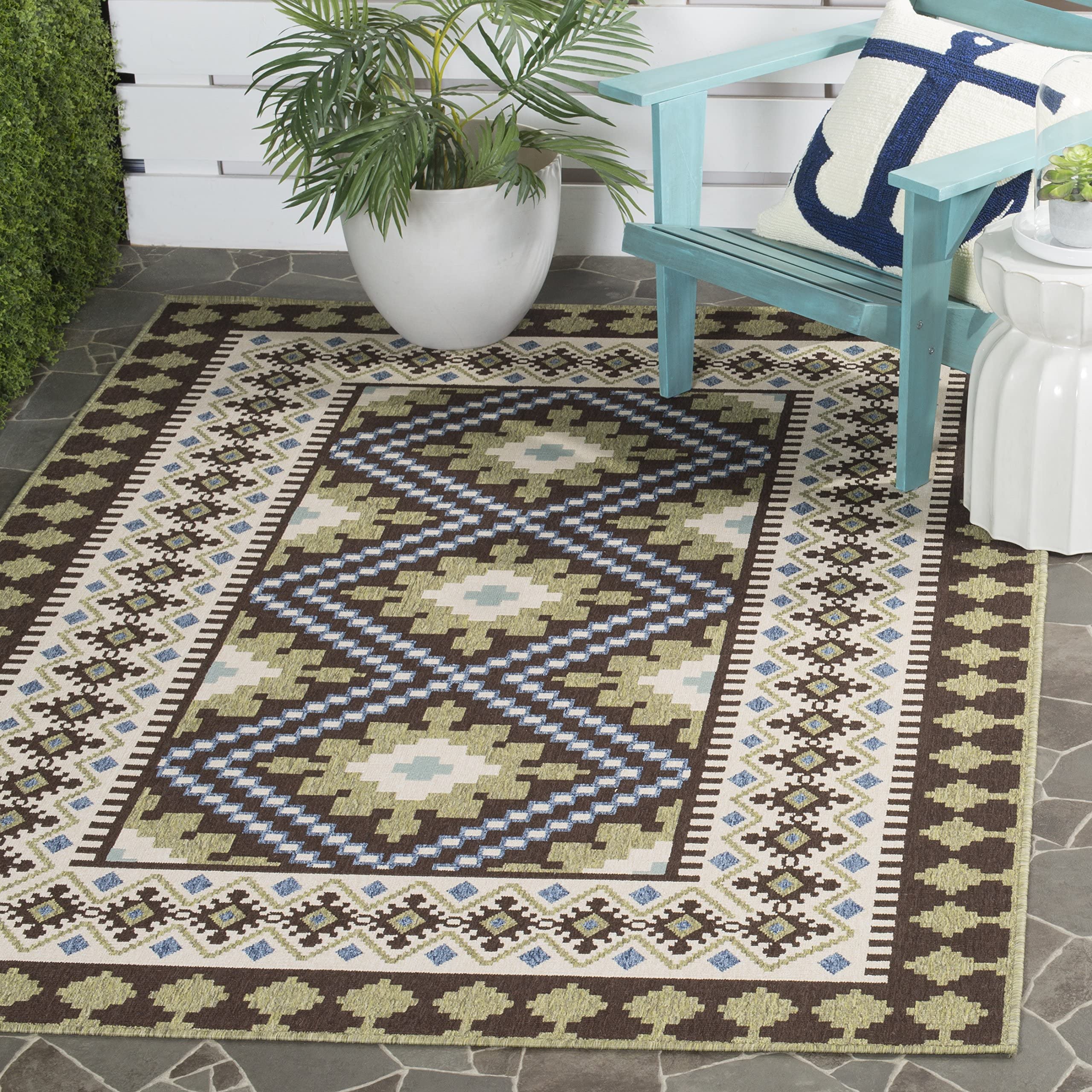 Safavieh Veranda Collection Area Rug - 6'7' X 9'6', Chocolate & Green, Boho Design, Non-Shedding & Easy Care, Indoor/Outdoor & Washable-Ideal For Patio, Backyard, Mudroom (Ver099-0624)