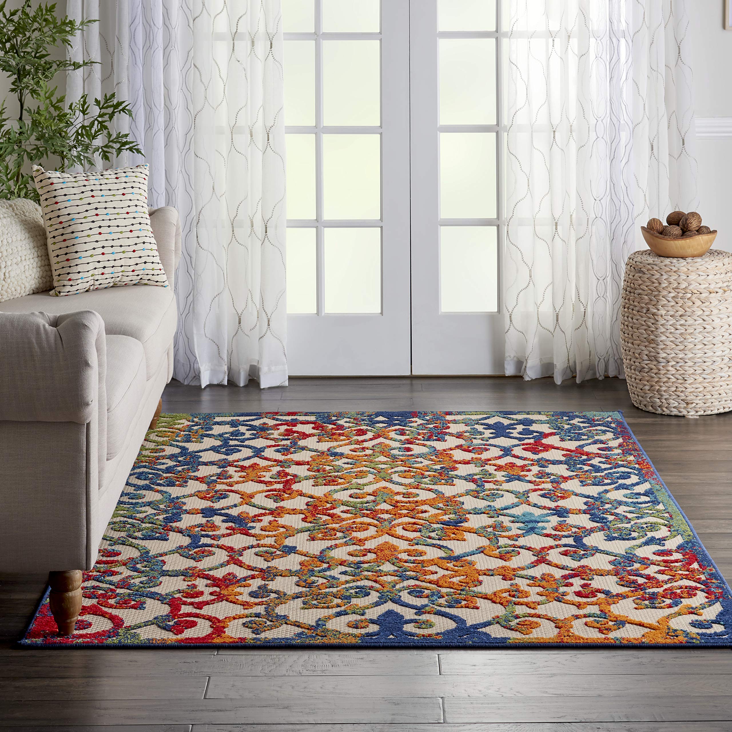 Nourison Aloha Indoor/Outdoor Multicolor 6 x 9 Area Rug, Transitional, French Country, Easy Cleaning, Non Shedding, Bed Room, 