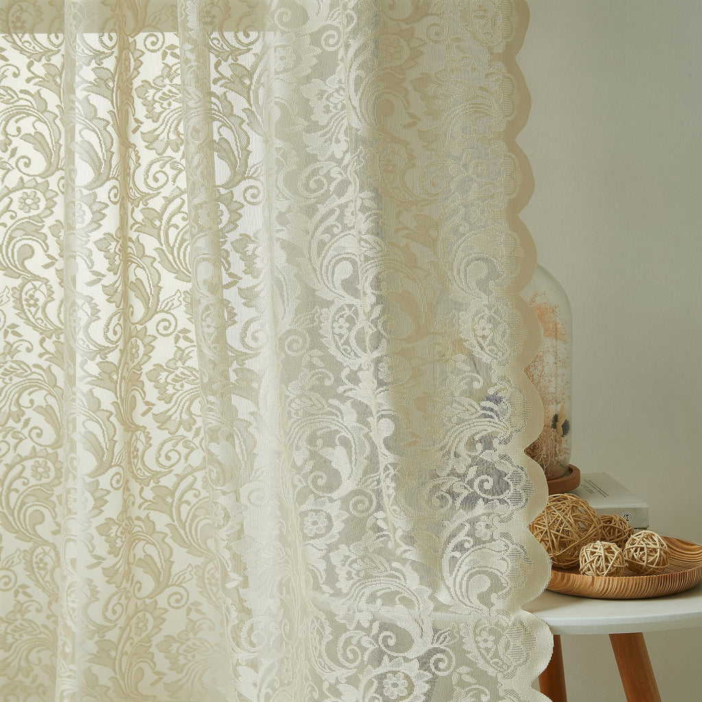 Bujasso Beige Sheer Lace Curtains 63 inch Vintage Floral Sheer Window Curtain Panels for Living Room Bedroom Elegant Light Filte