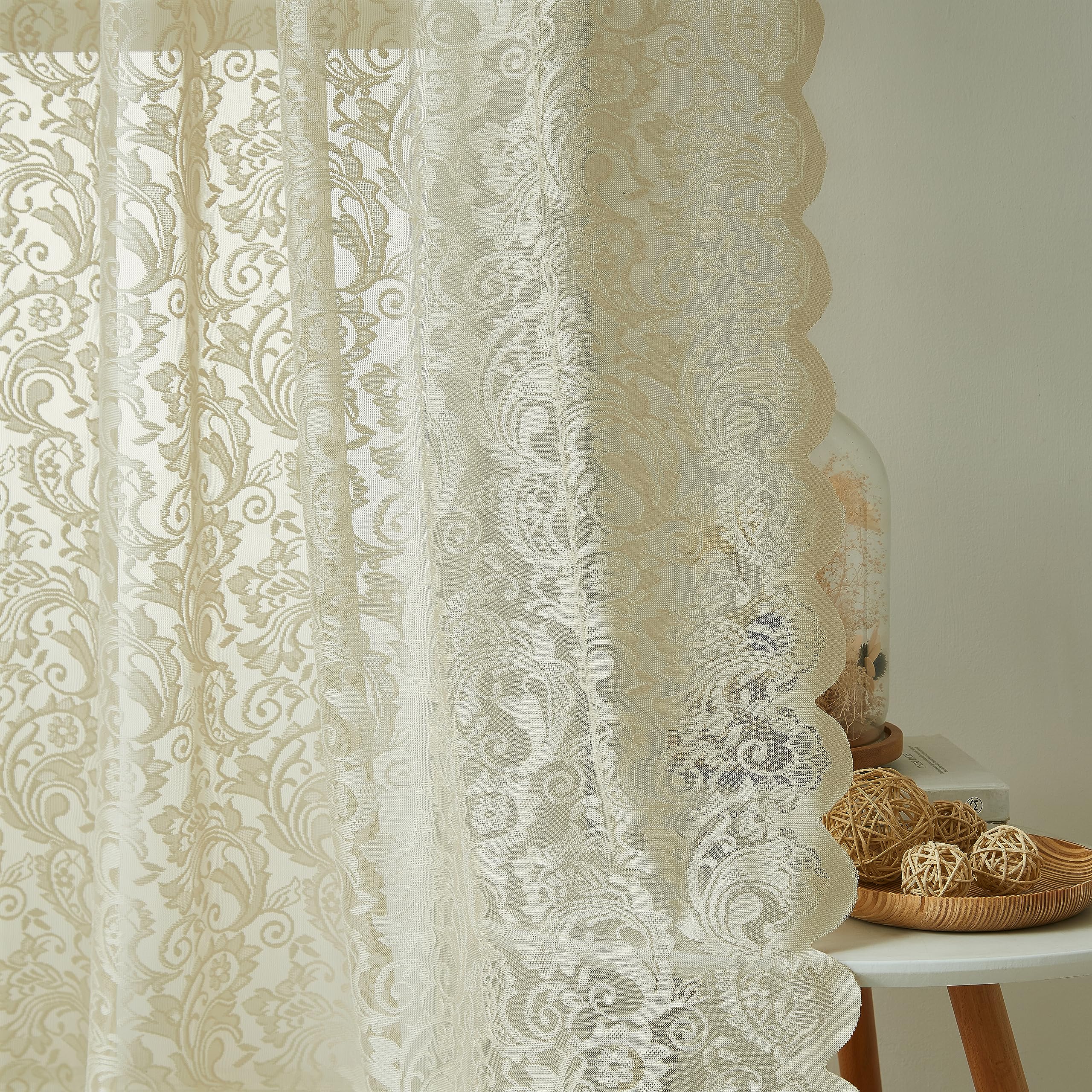 Bujasso Beige Sheer Lace Curtains 63 inch Vintage Floral Sheer Window Curtain Panels for Living Room Bedroom Elegant Light Filte