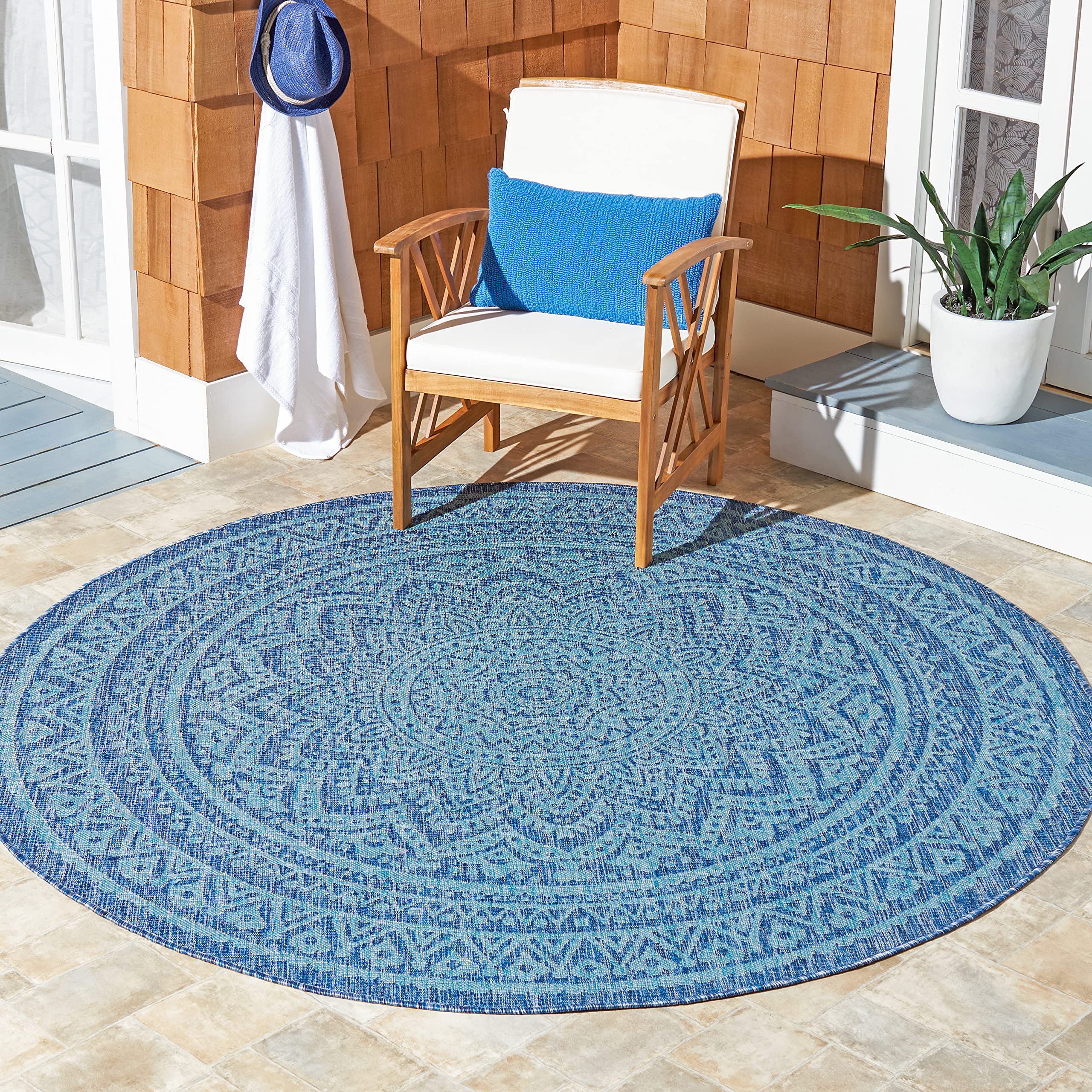 Safavieh Courtyard Collection 6'7' Round Navy / Aqua Cy8734 Indoor/-Outdoor-Waterproof Easy-Cleaning Patio Backyard Mudroom Are