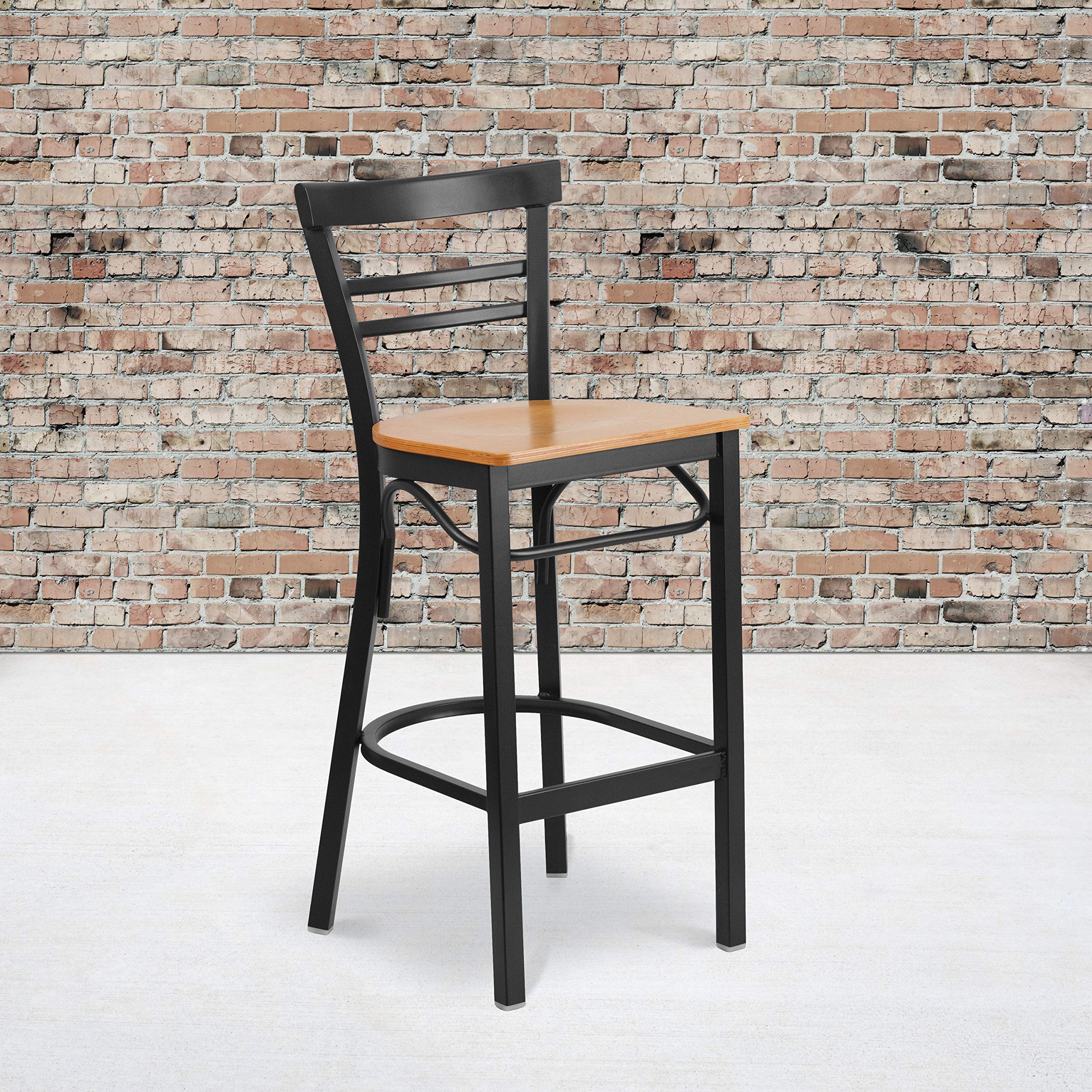 Flash Furniture HERCULES Series Black Two-Slat Ladder Back Metal Restaurant Barstool - Natural Wood Seat