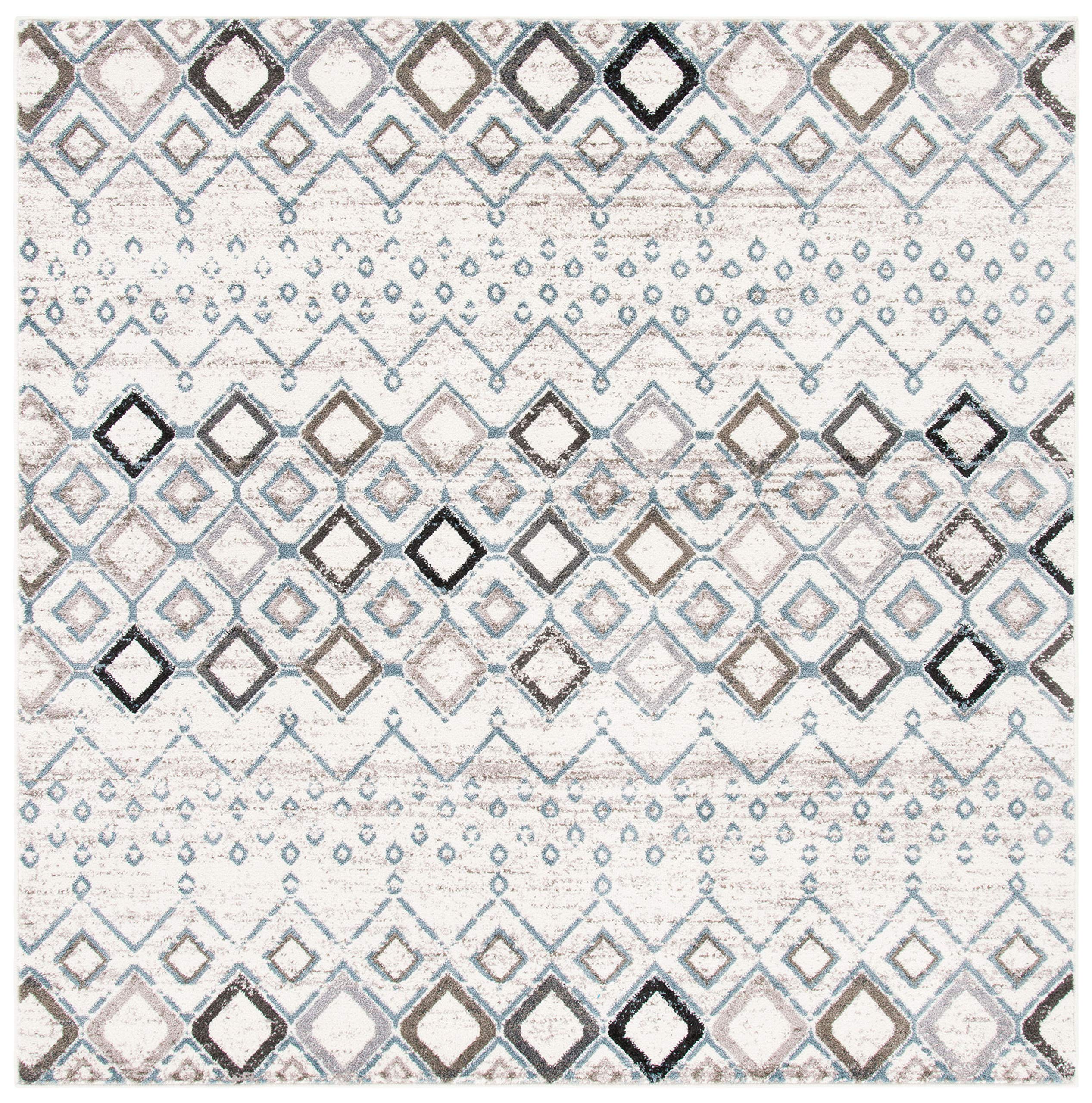 Safavieh Amsterdam Collection 6'7'' Square Ivory/Grey Ams108A Moroccan Boho Non-Shedding Living Room Bedroom Area Rug