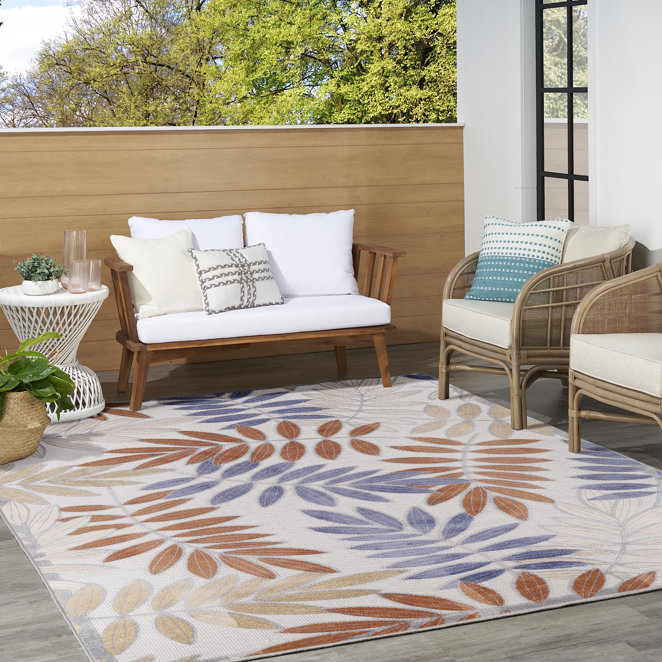 Nourison Aloha Indoor/Outdoor Blue Mocha 7'10' X 10'6' Area Rug, Easy Cleaning, Non Shedding, Bed Room, Living Room, Dining Room, Backyard, Deck, Patio (8X11)