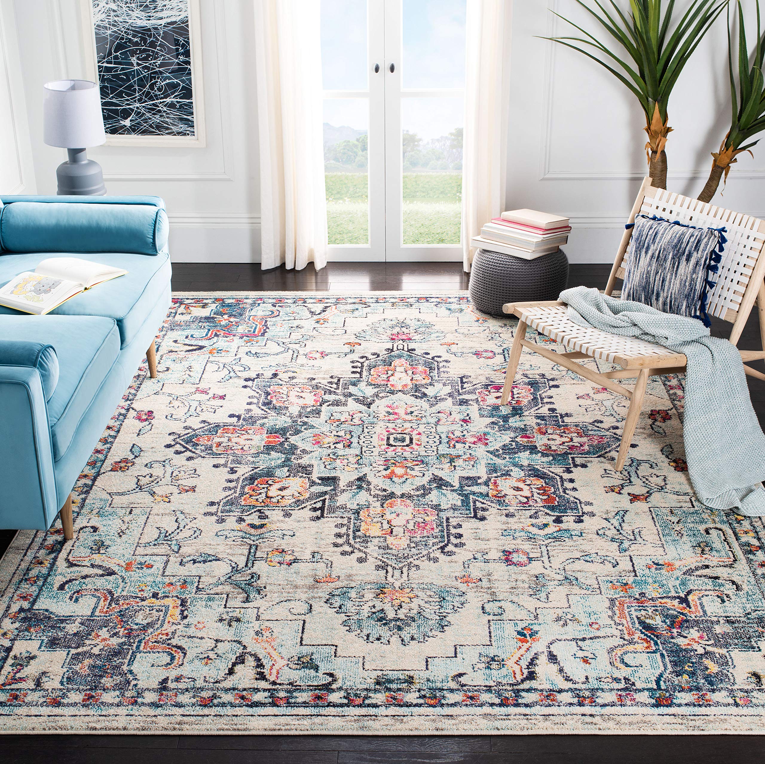 SAFAVIEH Madison Collection Area Rug - 10 x 14, Cream & Blue, Boho Chic Medallion Distressed Design, Non-Shedding & Easy Care,
