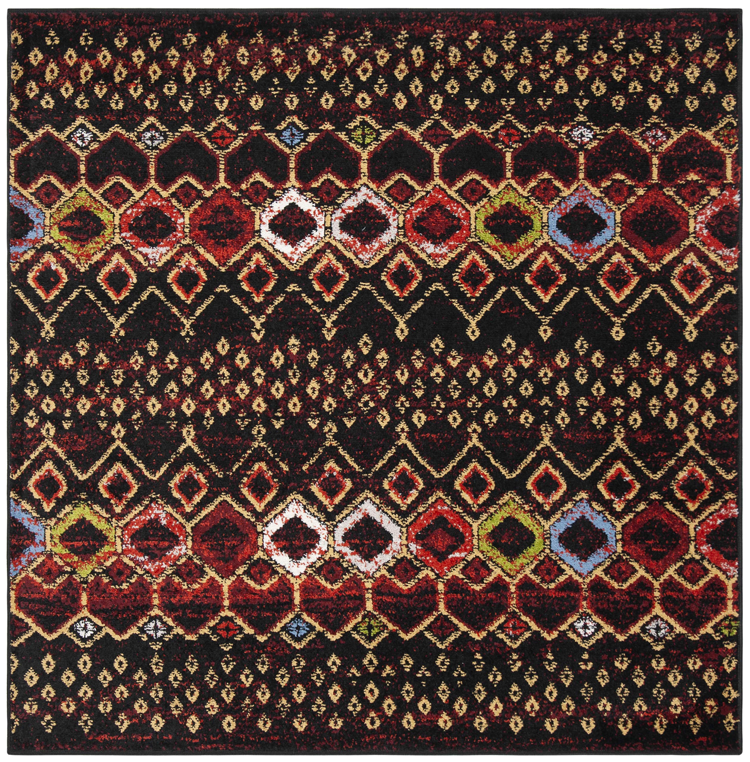 Safavieh Amsterdam Collection Area Rug - 5'1'' Square, Black & Multi, Moroccan Boho Design, Non-Shedding & Easy Care, Ideal For