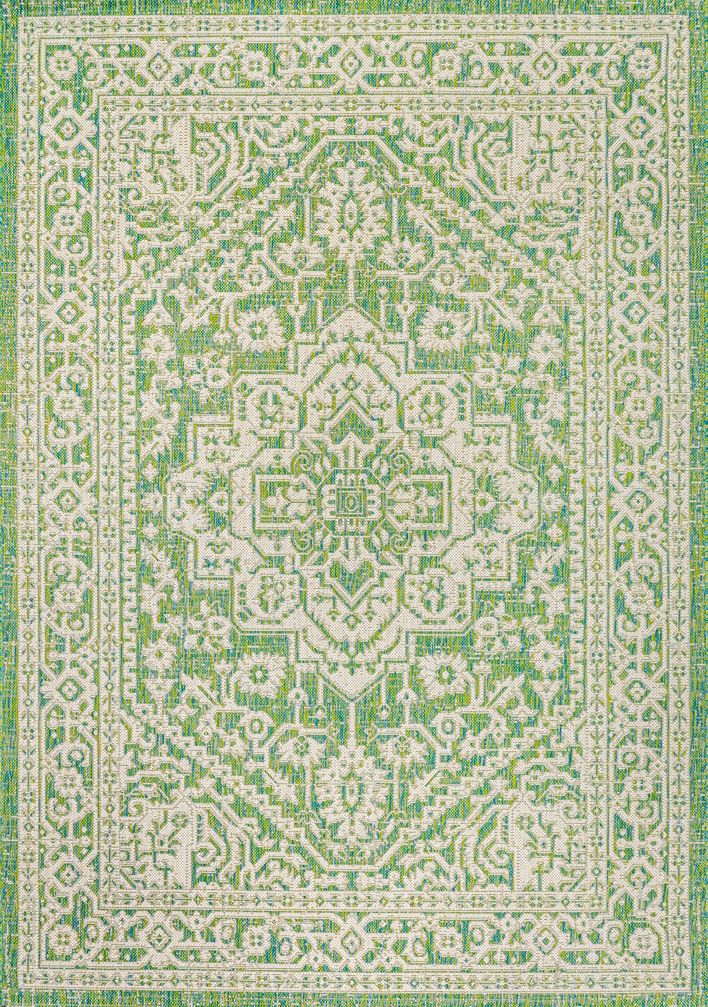 Jonathan Y Smb101H-9 Sinjuri Medallion Textured Weave Indoor Outdoor Area-Rug, Coastal, Traditional, Transitional Easy-Cleaning,Bedroom,Kitchen,Backyard,Patio,Non Shedding, Cream/Green, 9 X 12