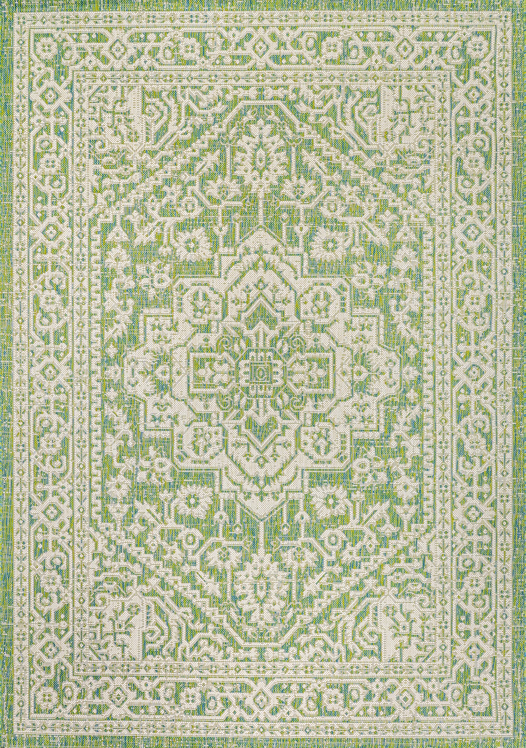 Jonathan Y Smb101H-9 Sinjuri Medallion Textured Weave Indoor Outdoor Area-Rug, Coastal, Traditional, Transitional Easy-Cleaning,Bedroom,Kitchen,Backyard,Patio,Non Shedding, Cream/Green, 9 X 12