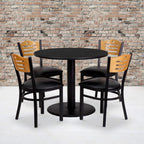 Flash Furniture 36'' Round Black Laminate Table Set with 4 Wood Slat Back Metal Chairs - Black Vinyl Seat