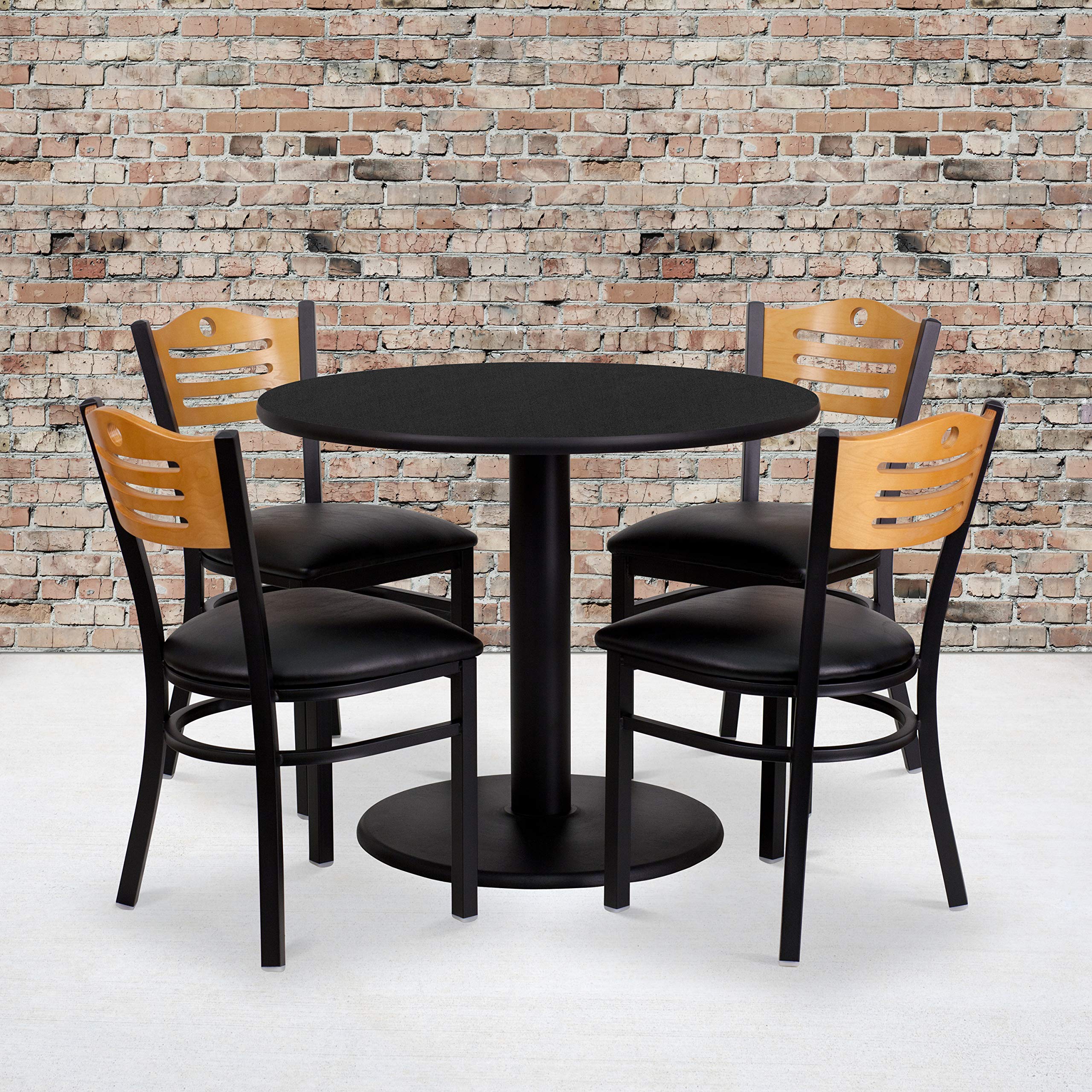 Flash Furniture 36'' Round Black Laminate Table Set with 4 Wood Slat Back Metal Chairs - Black Vinyl Seat