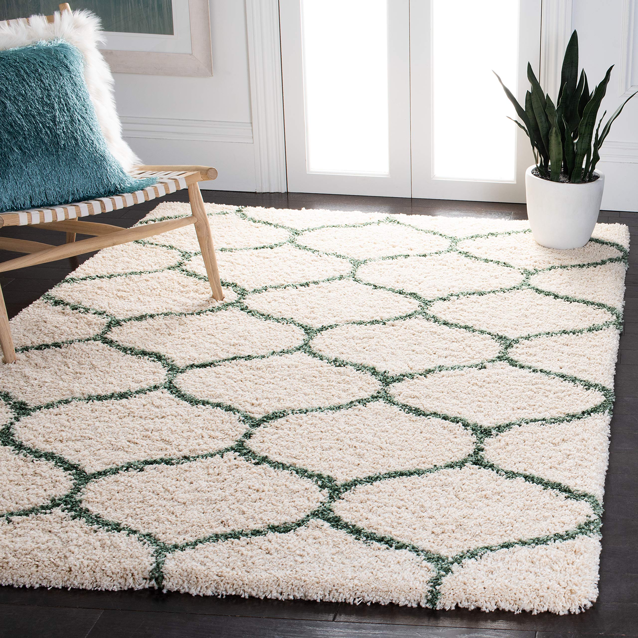 SAFAVIEH Hudson Shag Collection Accent Rug - 4 x 6, Ivory & Green, Modern Trellis Design, Non-Shedding & Easy Care, 2-inch Thi