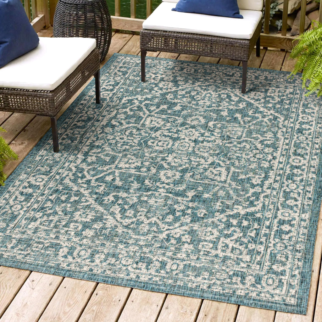 Jonathan Y Smb104B-9 Malta Bohemian Medallion Textured Weave Indoor Outdoor -Area Rug, Coastal, Traditional, Transitional Easy-Cleaning,Bedroom,Kitchen,Backyard,Patio,Non Shedding, Teal/Gray, 9 X 12