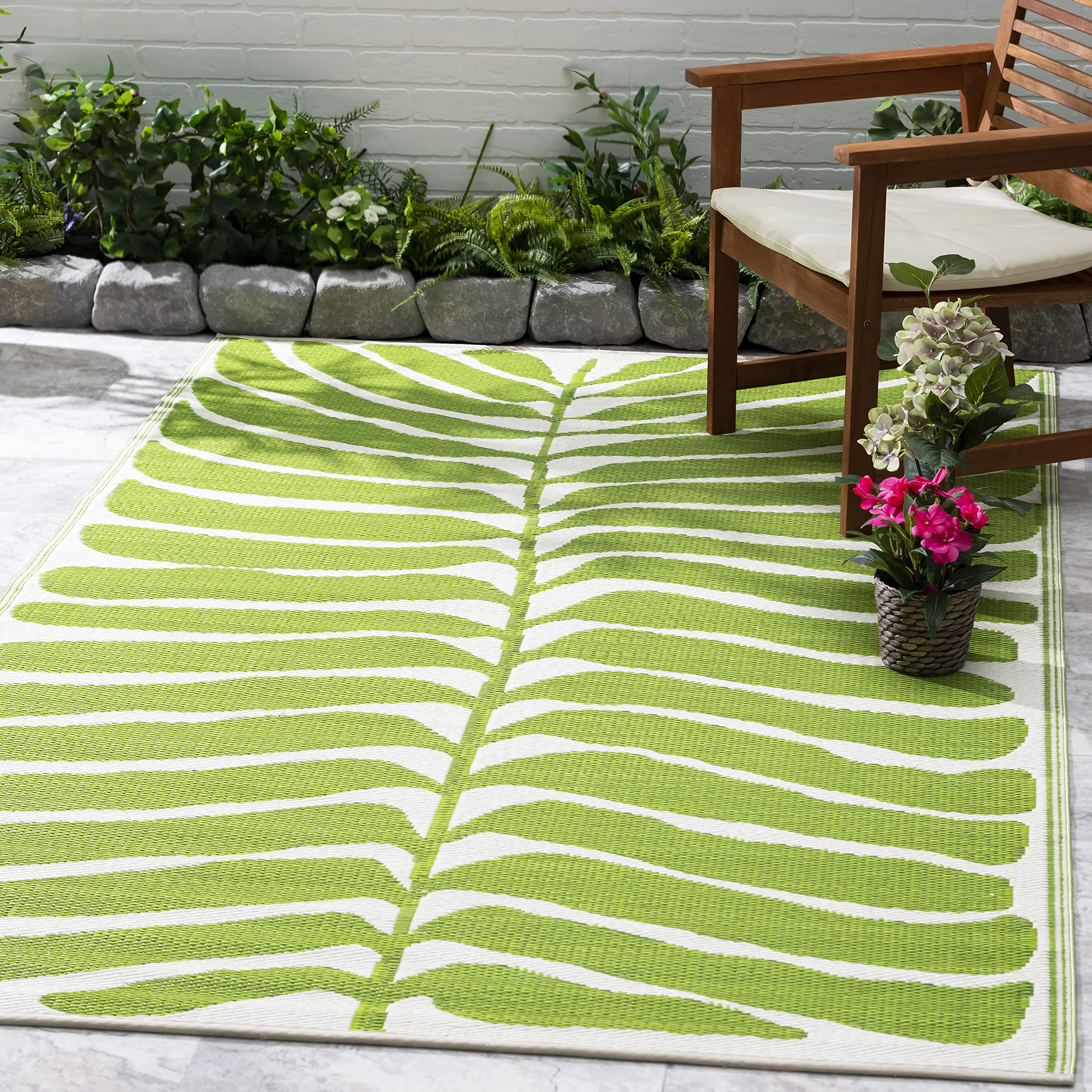 Fab Habitat Outdoor Rug - Waterproof, Fade Resistant, Crease-Free - Premium Recycled Plastic - Tropical Leaf Botanical - Porch,