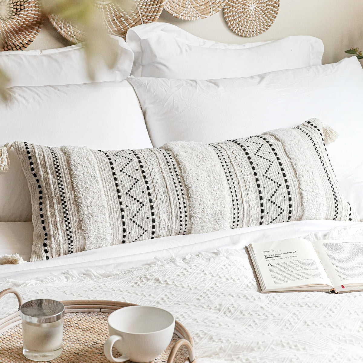 Blissblushblack Neutral Decorative Lumbar Throw Pillow Cover 14X36 Boho Long Cushion For Bed Accent Farmhouse Pillowcase For Bed