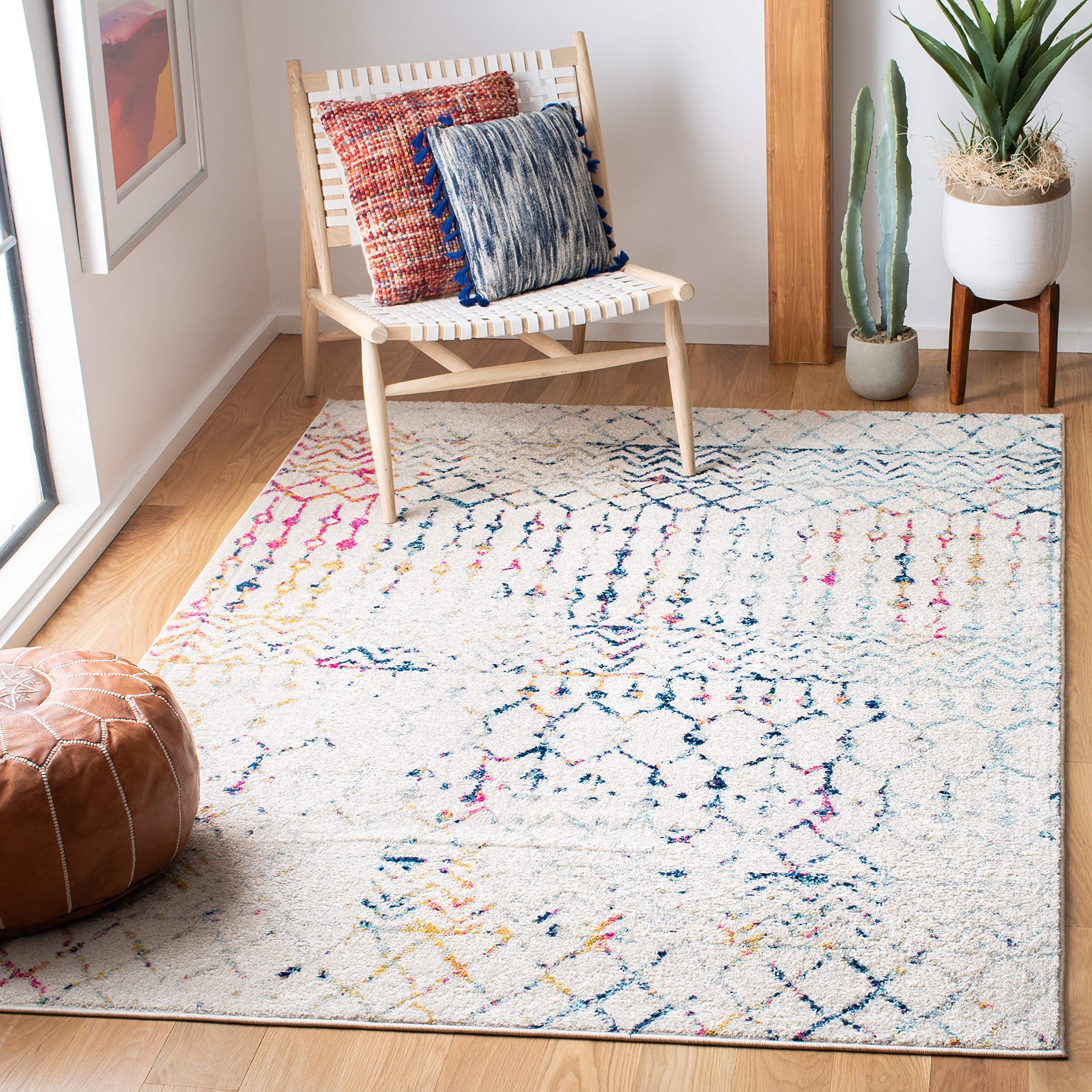 SAFAVIEH Tulum Collection Area Rug - 8 Square, Ivory & Blue, Moroccan Boho Distressed Design, Non-Shedding & Easy Care, Ideal f