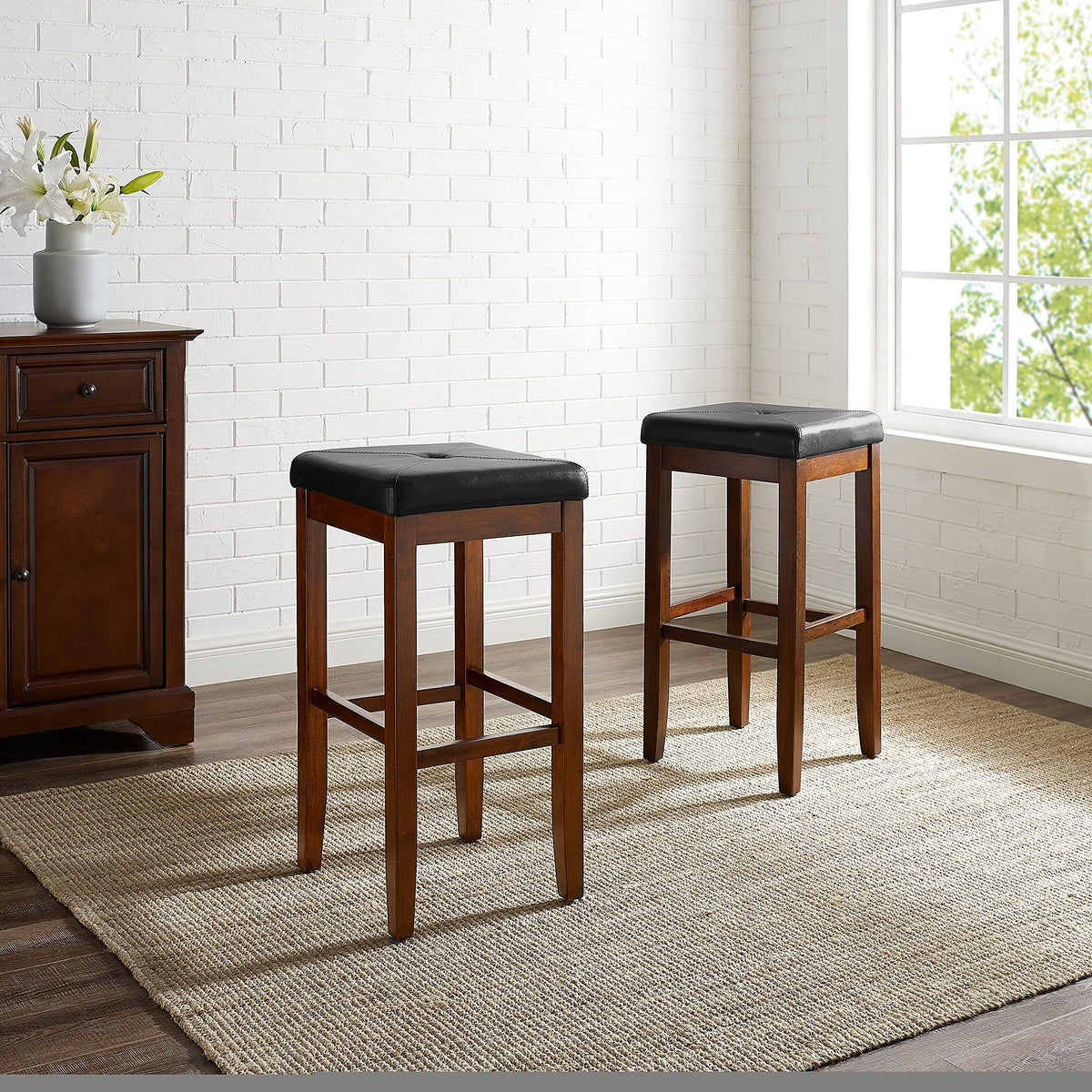 Crosley Furniture Upholstered Mahogany 29-inch Square Seat Bar Stools (Set of 2) - 14.75&quot;W x 14.75&quot;D x 29.25&quot; H - 14.75&quot;W x 14.75&quot;D x 29.25&quot; H