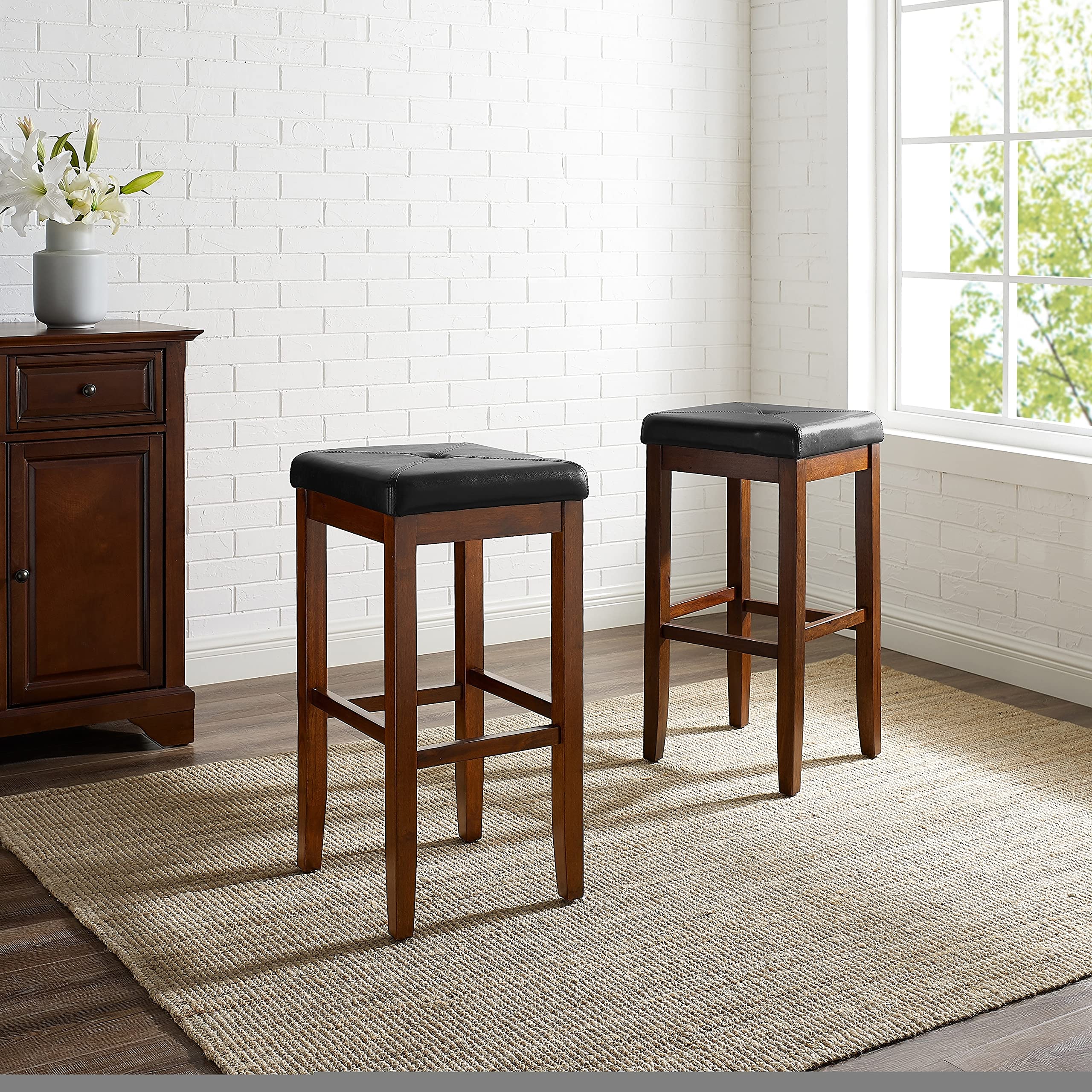 Crosley Furniture Upholstered Mahogany 29-inch Square Seat Bar Stools (Set of 2) - 14.75"W x 14.75"D x 29.25" H - 14.75"W x 14.75"D x 29.25" H