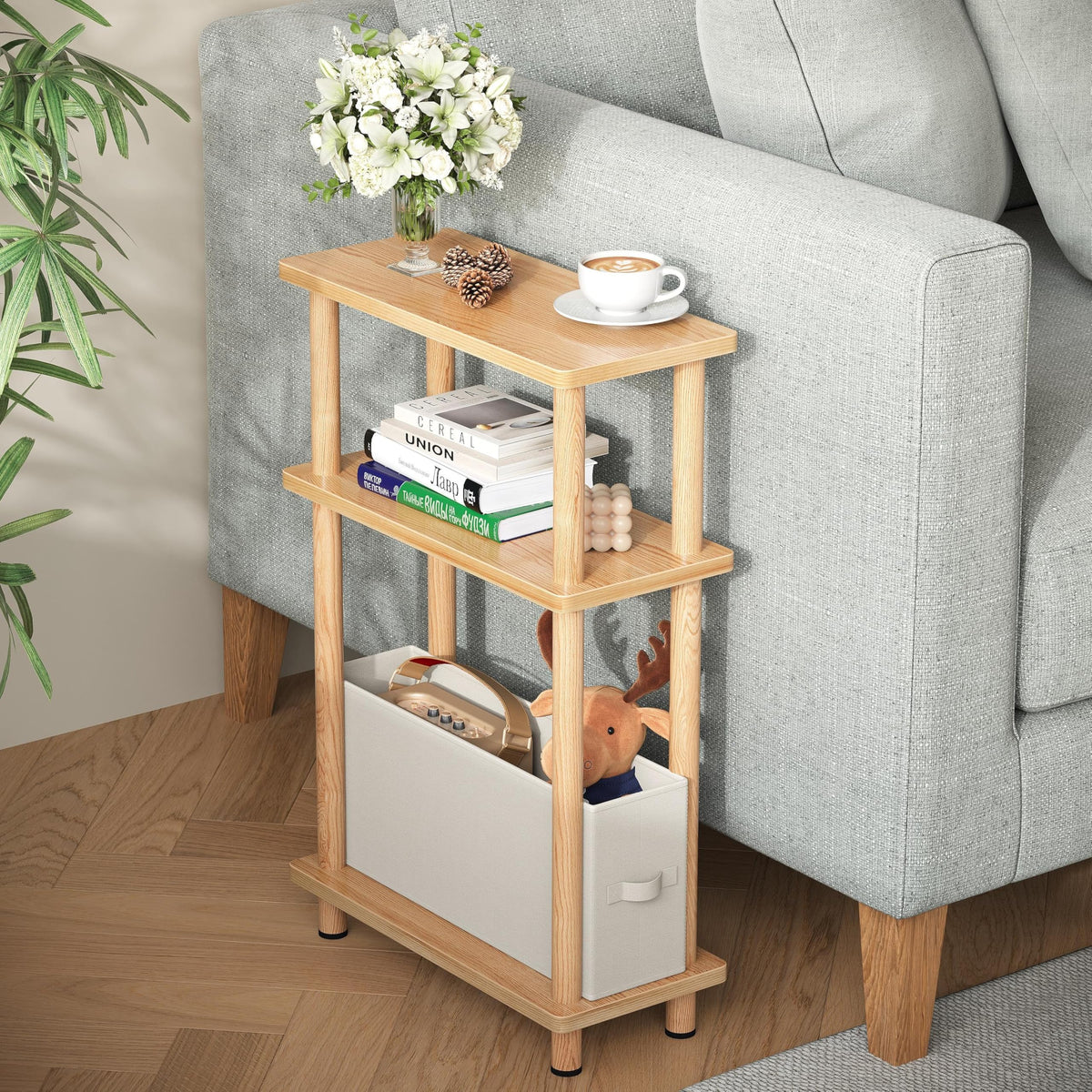 Apicizon Narrow Side Table with Fabric Basket, 3Tier End Table, Natural