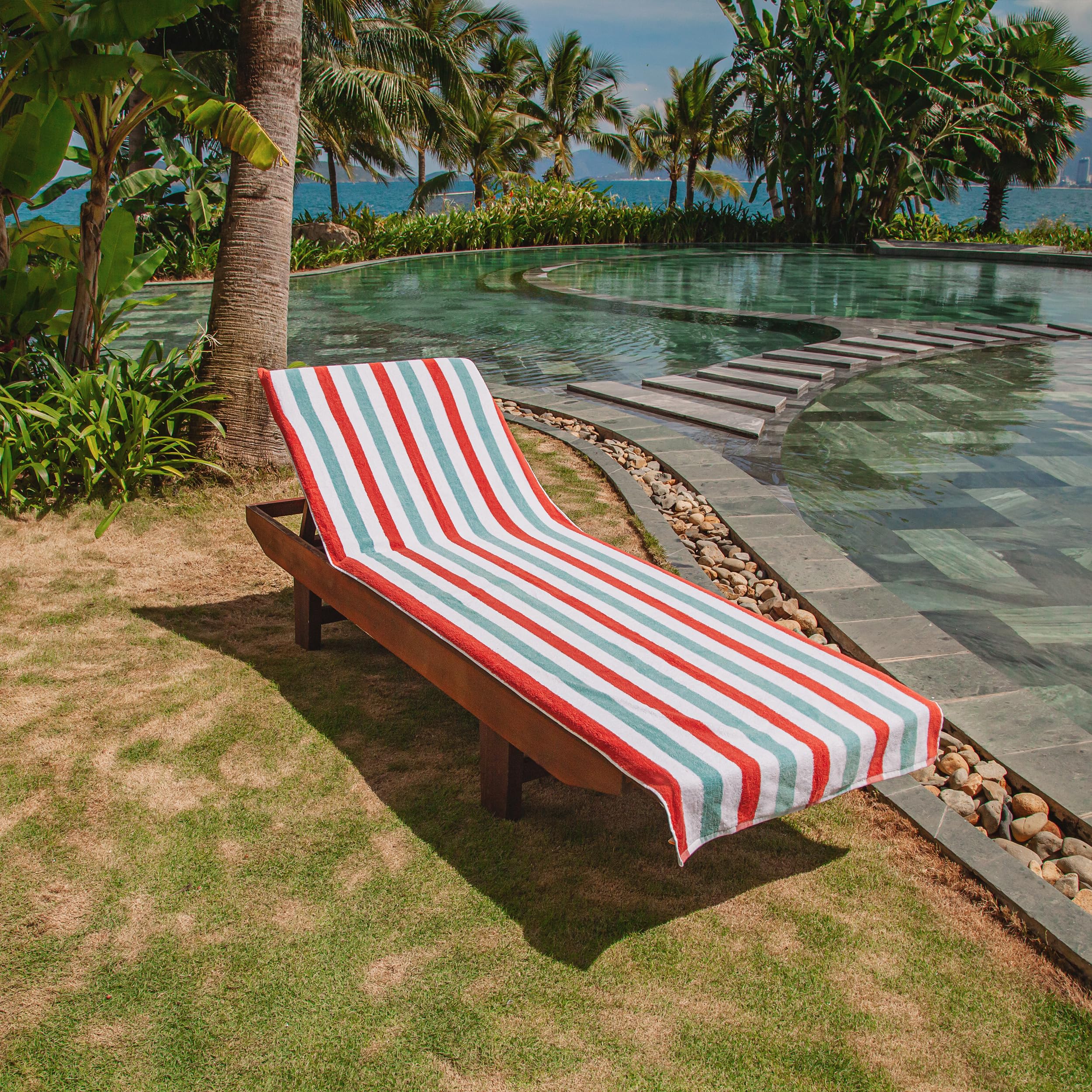 Arkwright Cabo Chaise Lounge Cover - Pack Of 2 - Striped Soft Cotton Cabana Towel With Pocket Holder For Beach Pool Outdoor Chair, 30 X 85 In., Crabapple/Pool Blue