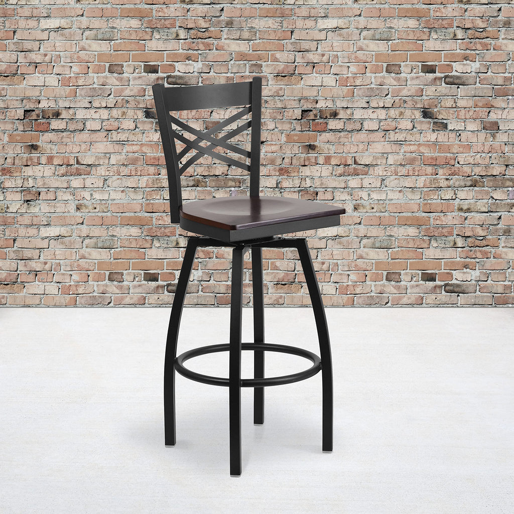 Flash Furniture HERCULES Series Black ''X'' Back Swivel Metal Barstool - Walnut Wood Seat