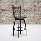 Flash Furniture HERCULES Series Black ''X'' Back Swivel Metal Barstool - Walnut Wood Seat