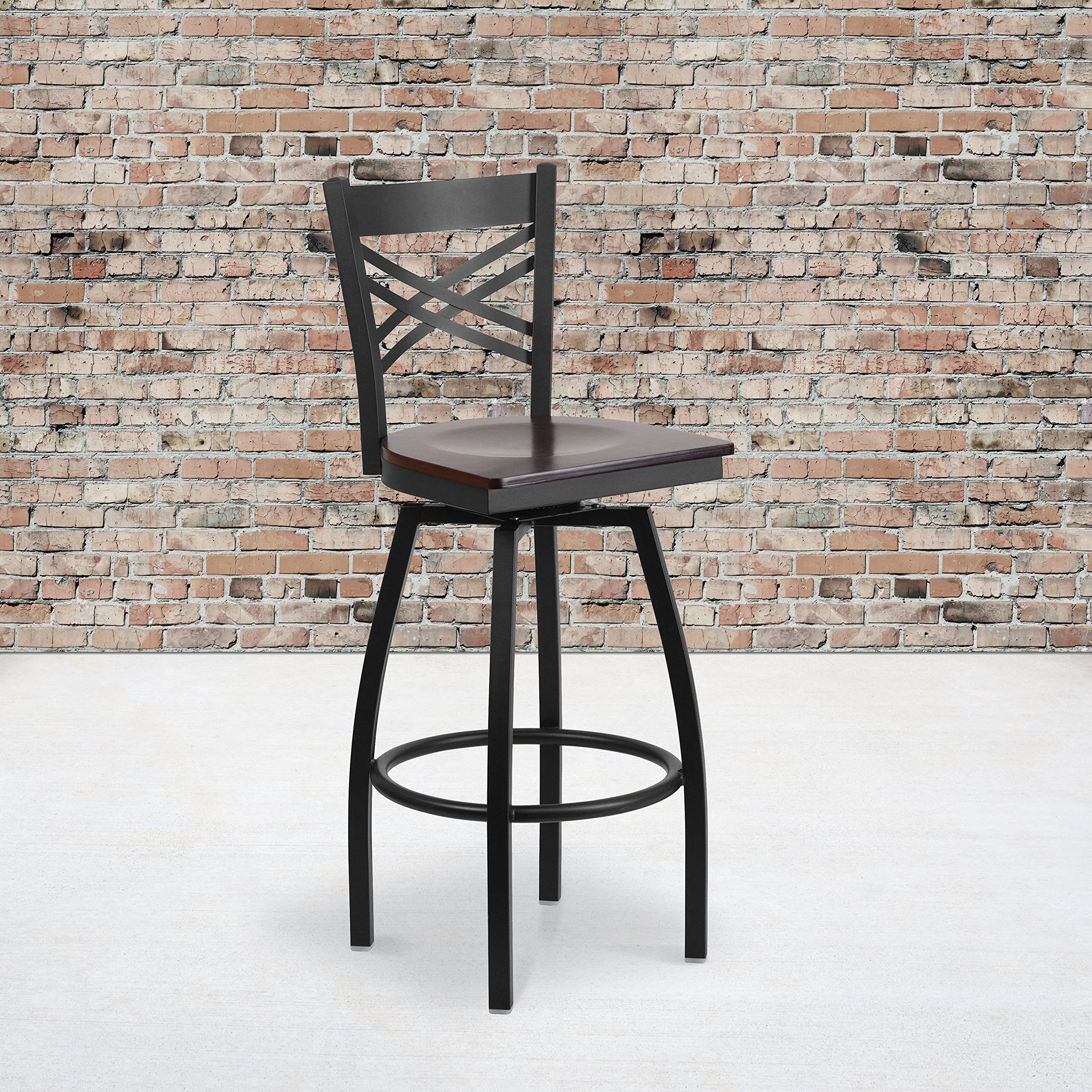 Flash Furniture HERCULES Series Black ''X'' Back Swivel Metal Barstool - Walnut Wood Seat