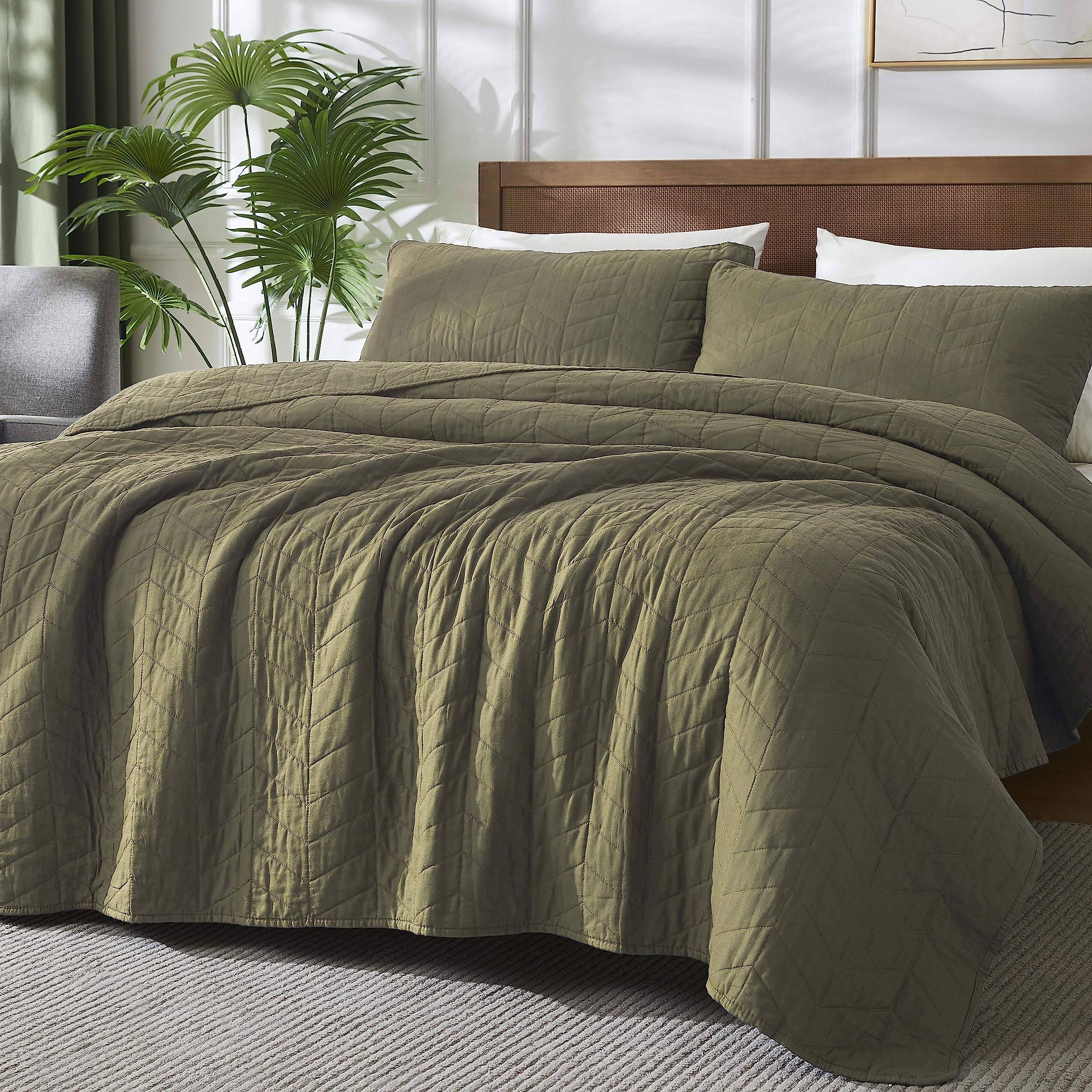 Palassio Green 100% Cotton Quilt King Size Bedding Sets With Pillow Shams, Olive Lightweight Soft Bedspread Coverlet, Sage Quilt