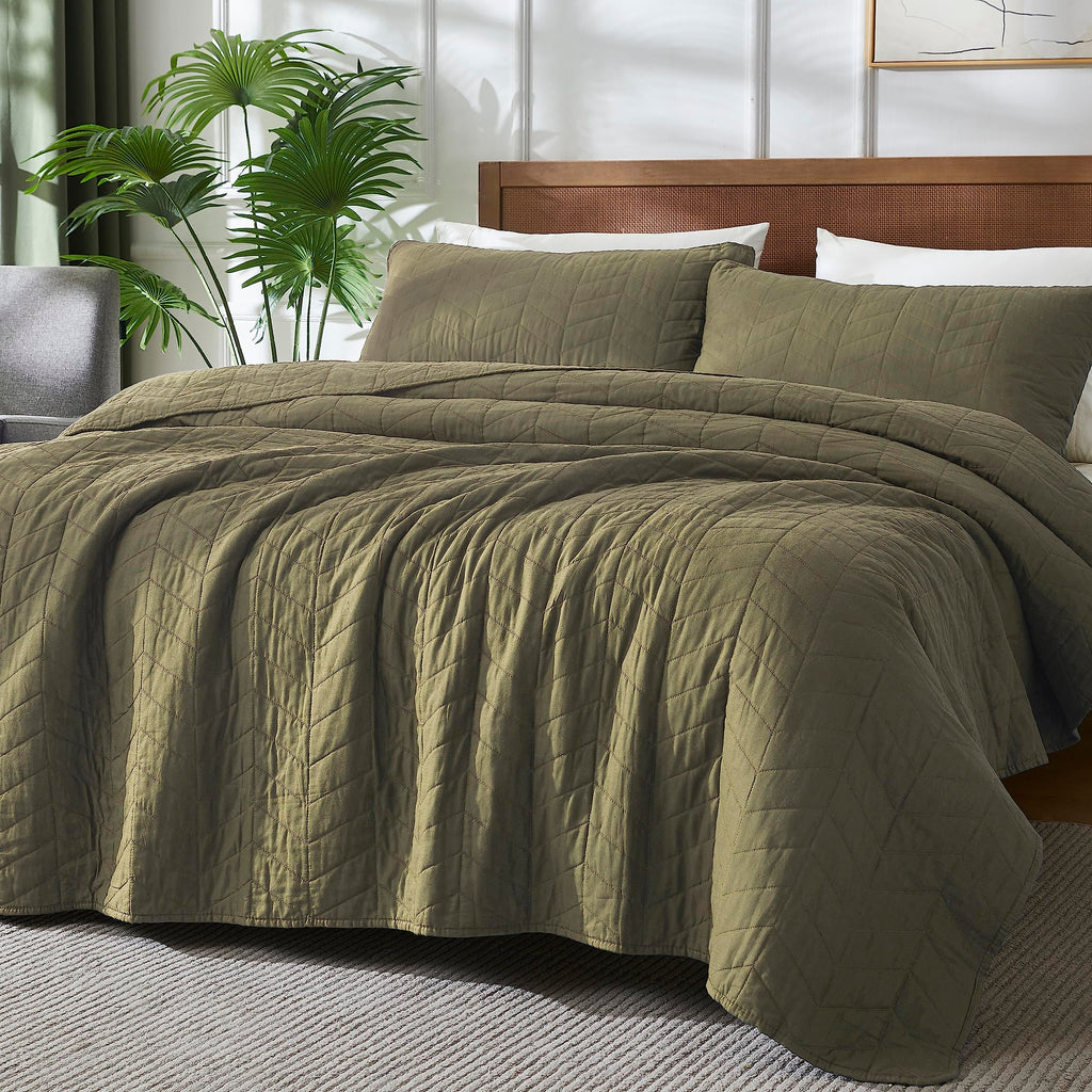 Palassio Green 100% Cotton Quilt Twin Size Bedding Sets With Pillow Shams, Olive Lightweight Soft Bedspread Coverlet, Sage Quilt